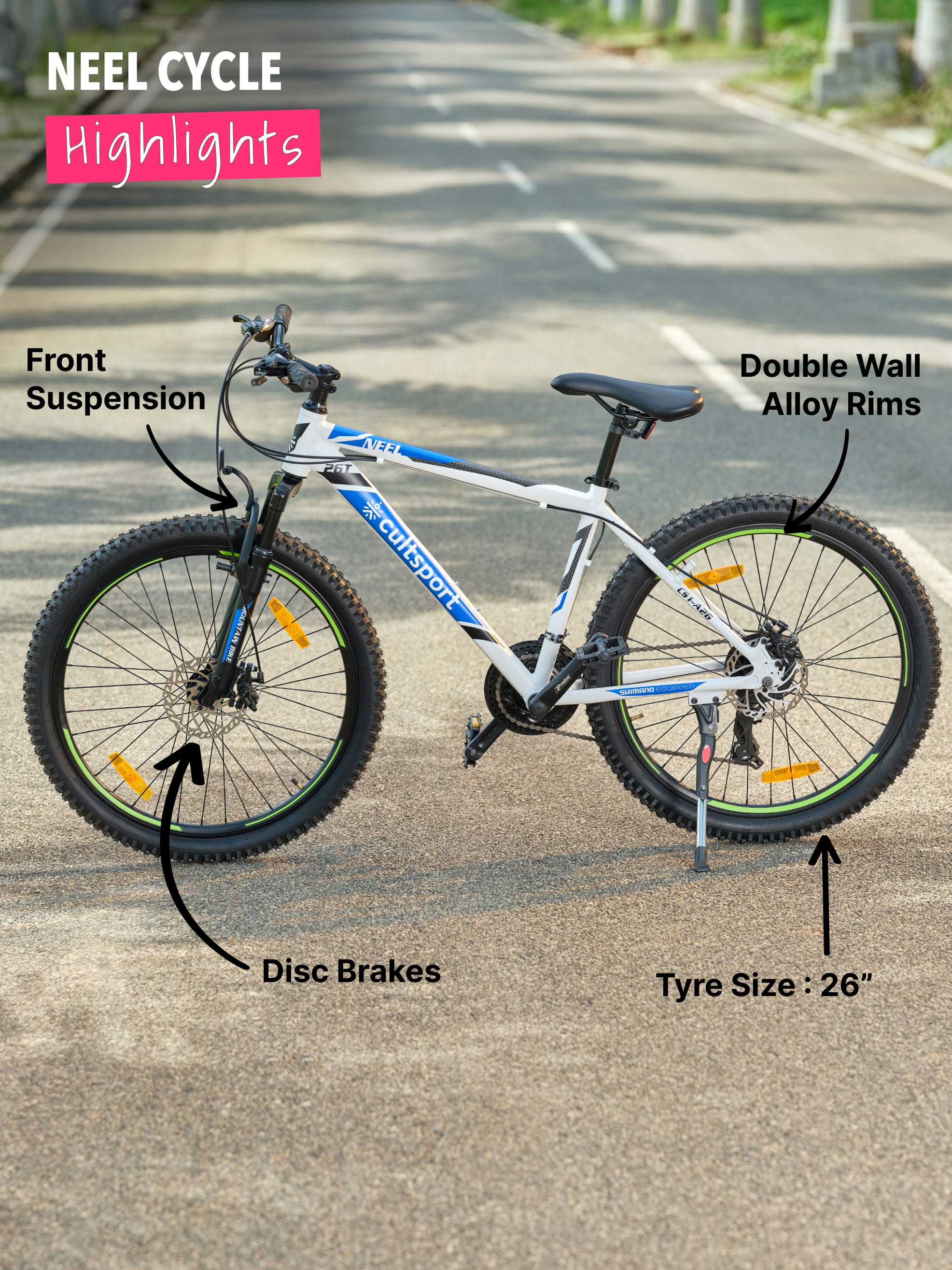 Neel Alloy 21 Speed Shimano Gear 26 inch Mountain Cycle, Dual Disc Brake, Front Suspension, Double Wall Alloy Rim,  White, Free Trainer Sessions, Cycling Event