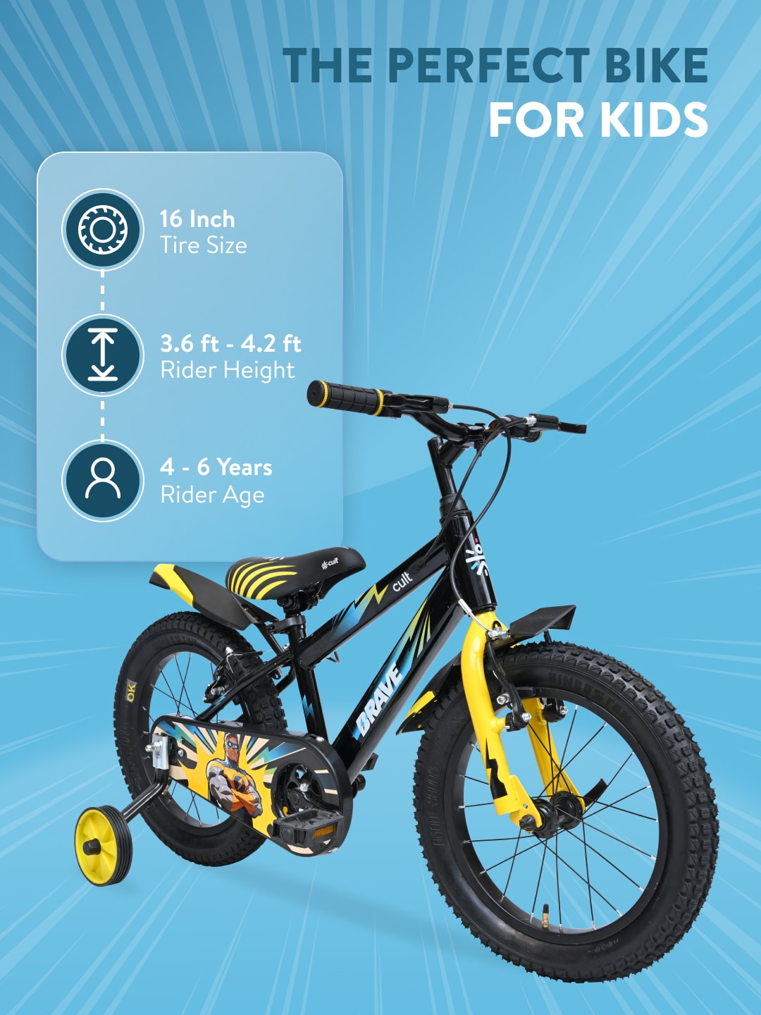 Brave 16T Black Steel Kids Bike with Single Wall Rim, Rigid Fork and Free Trainer Sessions and Cycling Event