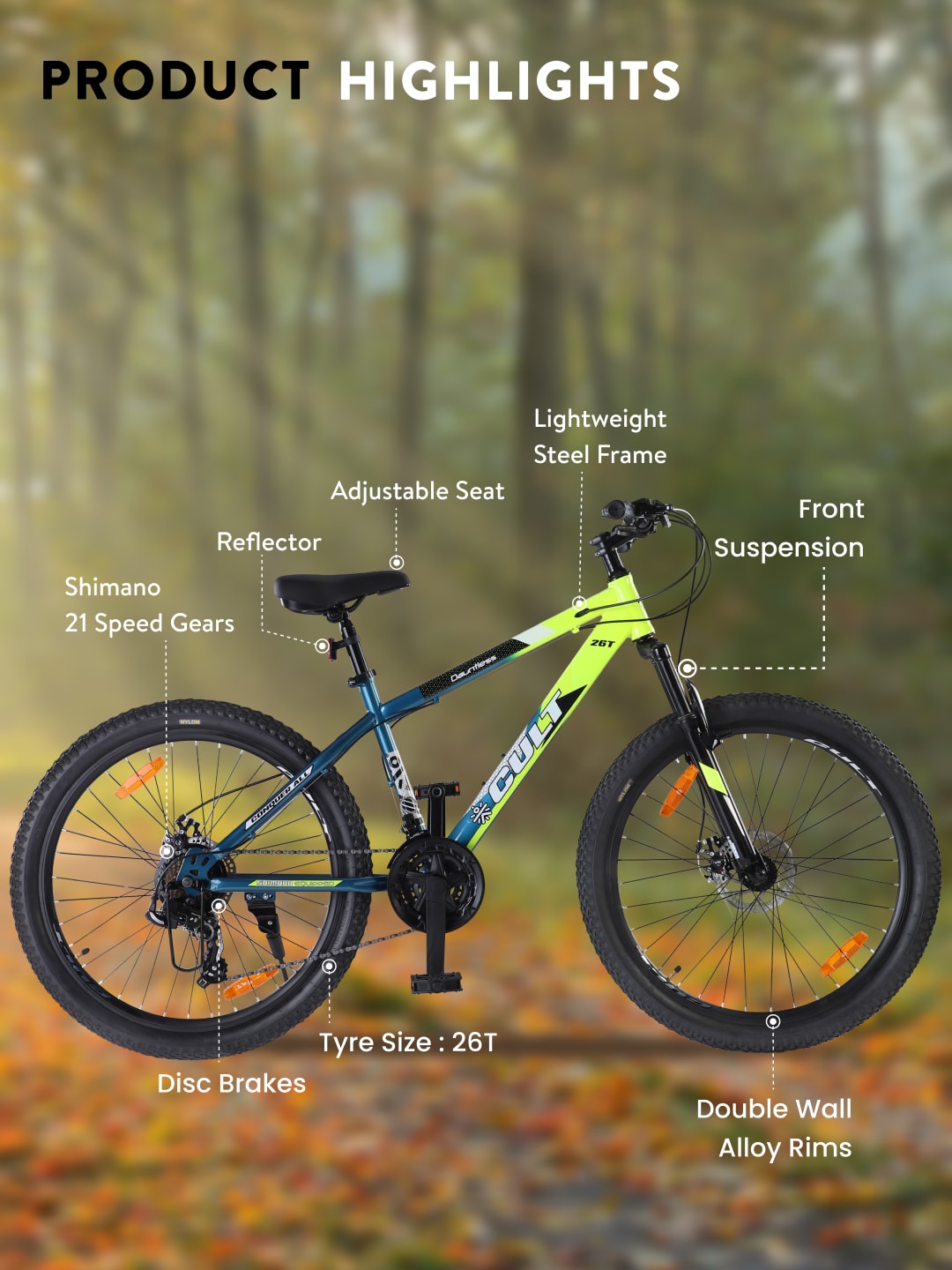 DAUNTLESS21S26TGREENBLUE Steel 21 Speed Shimano Gear 26 inch Mountain Cycle, Dual Disc Brake, Front Suspension, Double Wall Rim