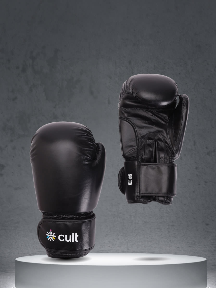 cult Premium Leather Boxing Gloves for Men & Women Foam Padding Thickness 35 mm Punching Bag Gloves for Boxing, Training, Kickboxing, Muay Thai, MMA Boxing Gloves Black
