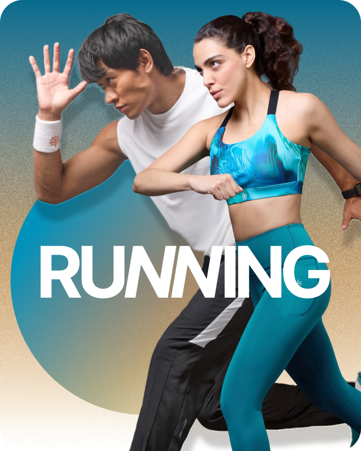 Two people in athletic wear with 'RUNNING' text on a gradient background