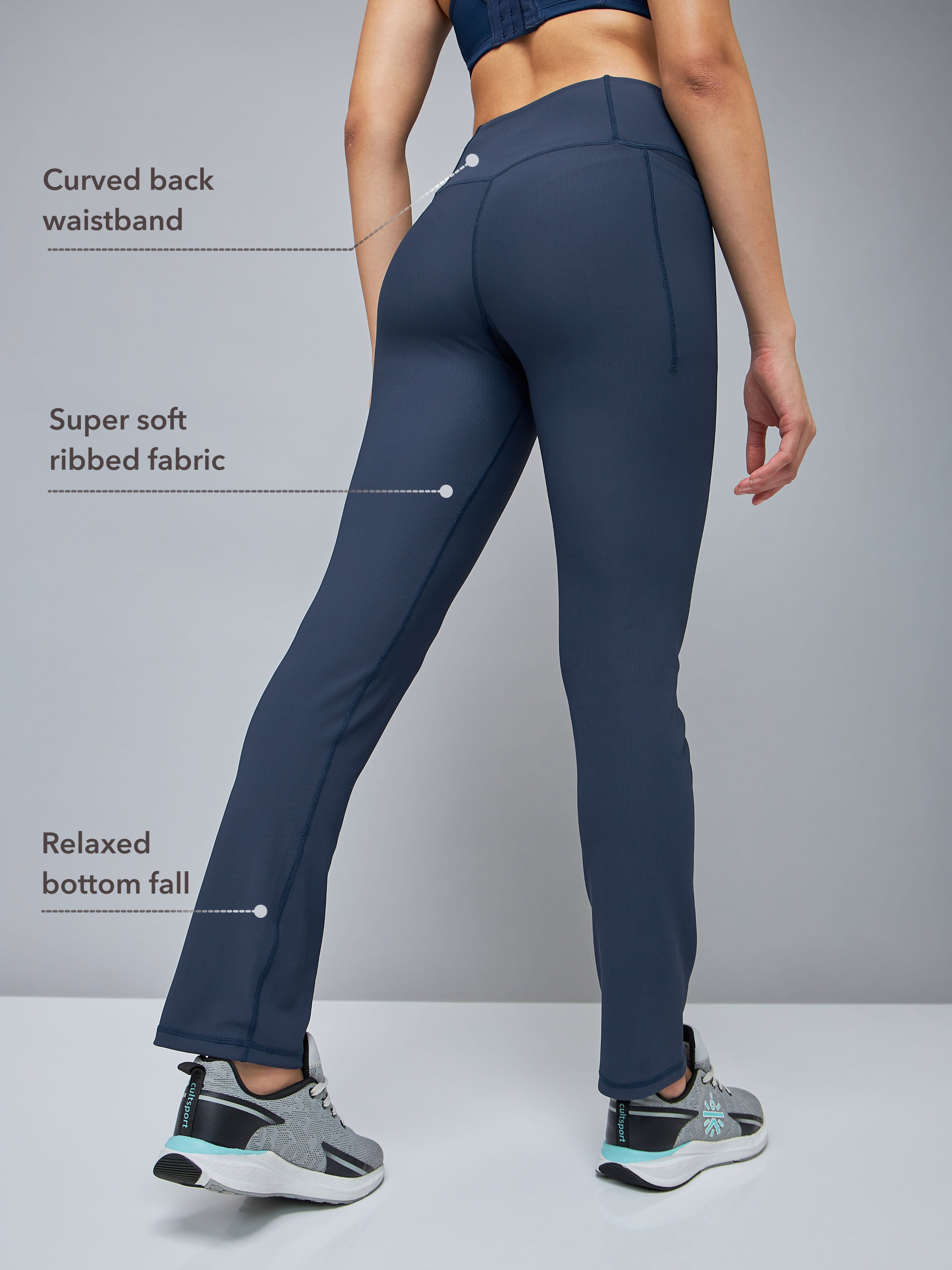 Navy High Waist Straight Pants with Pocket for Women