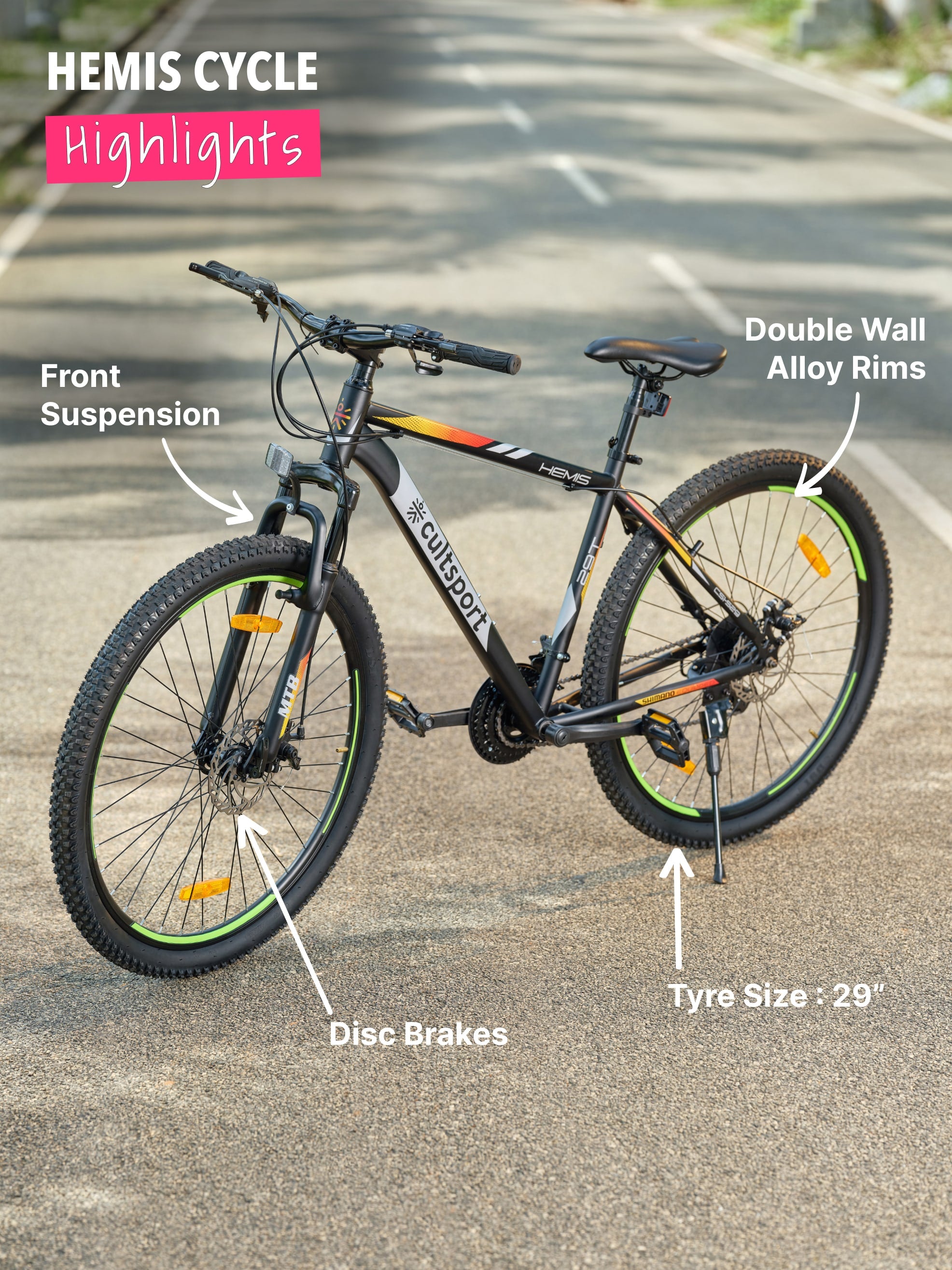 Hemis Steel 21 Speed Shimano Gear 29 inch Mountain Cycle, Dual Disc Brake, Front Suspension, Double Wall Rim, Black, Free Trainer Sessions, Cycling Event