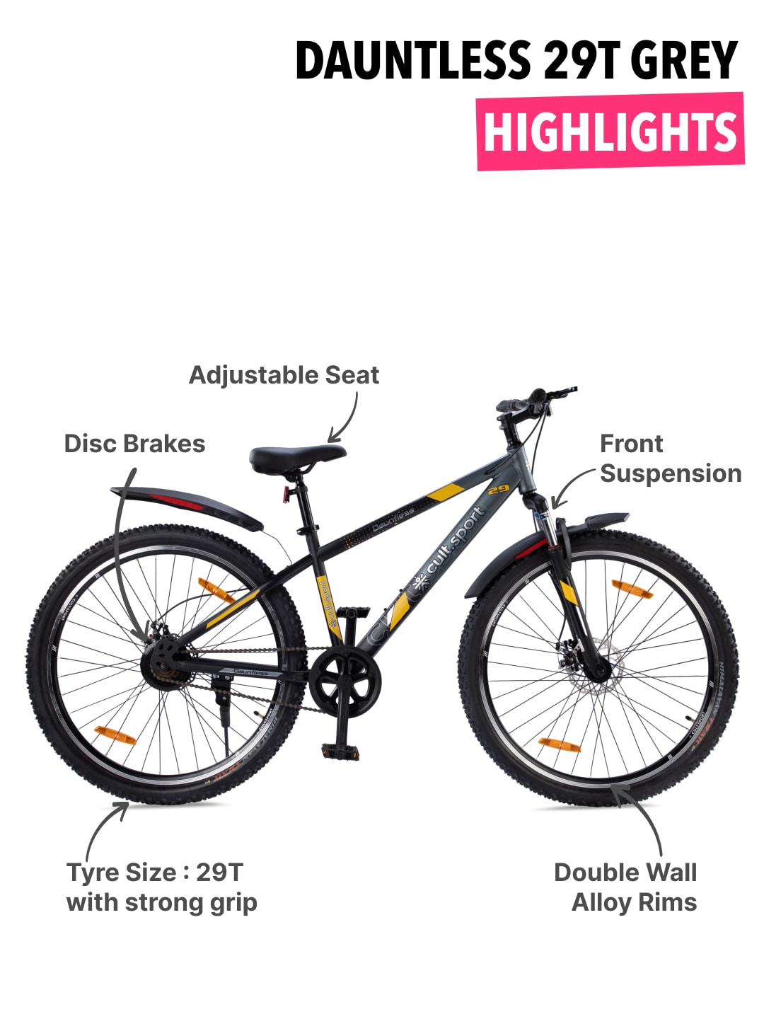 DAUNTLESS29TGREYBLACK Steel Single Speed 29 inch Mountain Cycle, Front Suspension, Double Wall Rim and Dual Disc Brake
