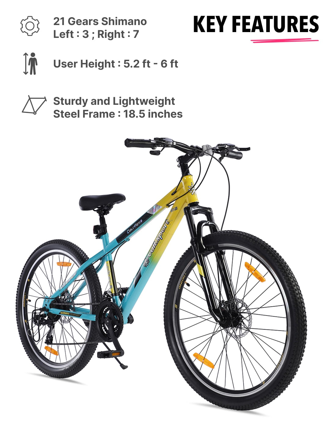 DAUNTLESS21S27.5TYELLOWBLUE Steel 21 Speed Shimano Gear 27.5 inch Mountain Cycle, Dual Disc Brake, Front Suspension and Double Wall Rim