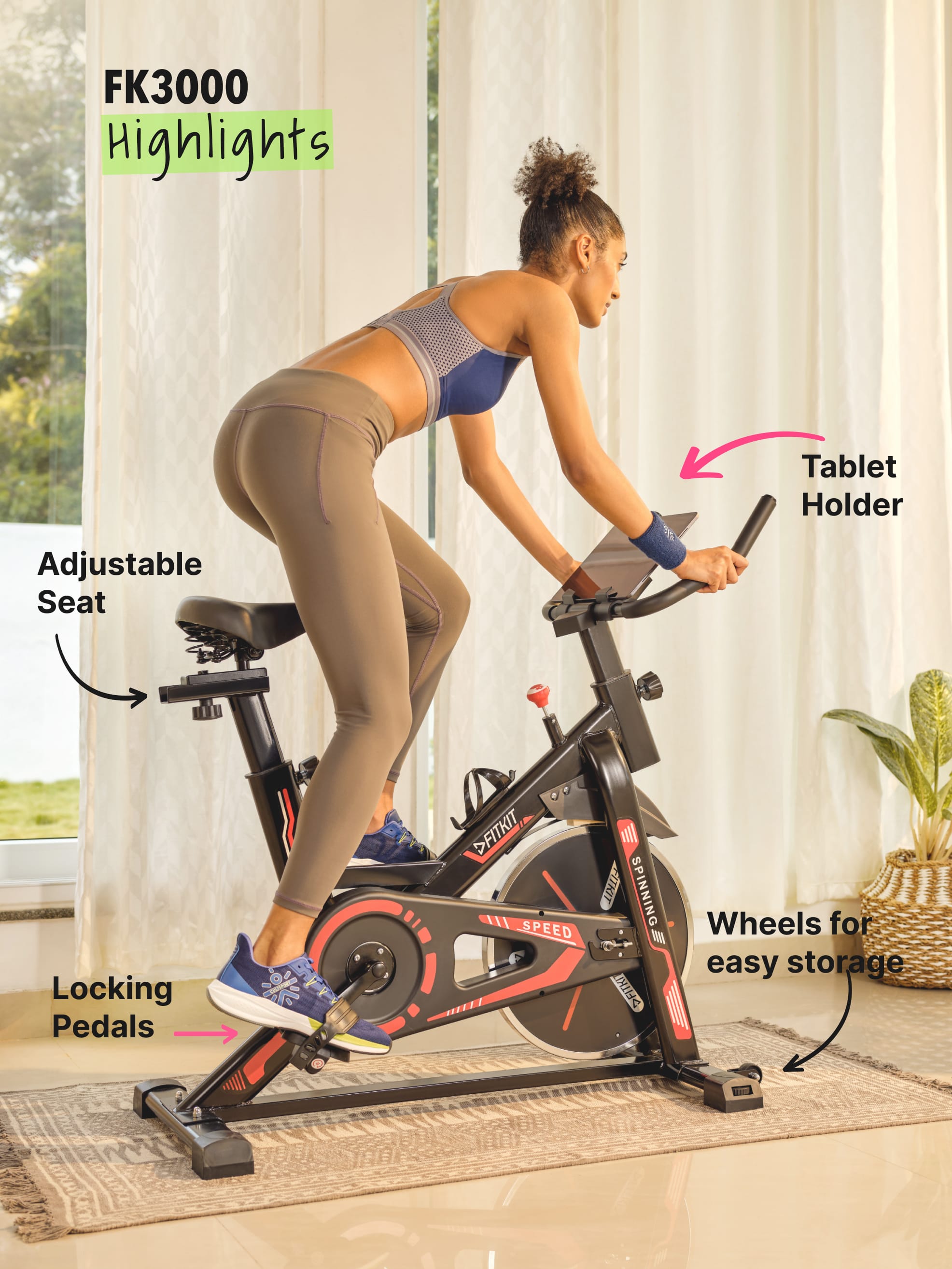 FK3000 Spin Bike (Flywheel- 6kg, Max weight- 120 kg, Resistance Mechanism - Friction, Red (with 6 months extended warranty)