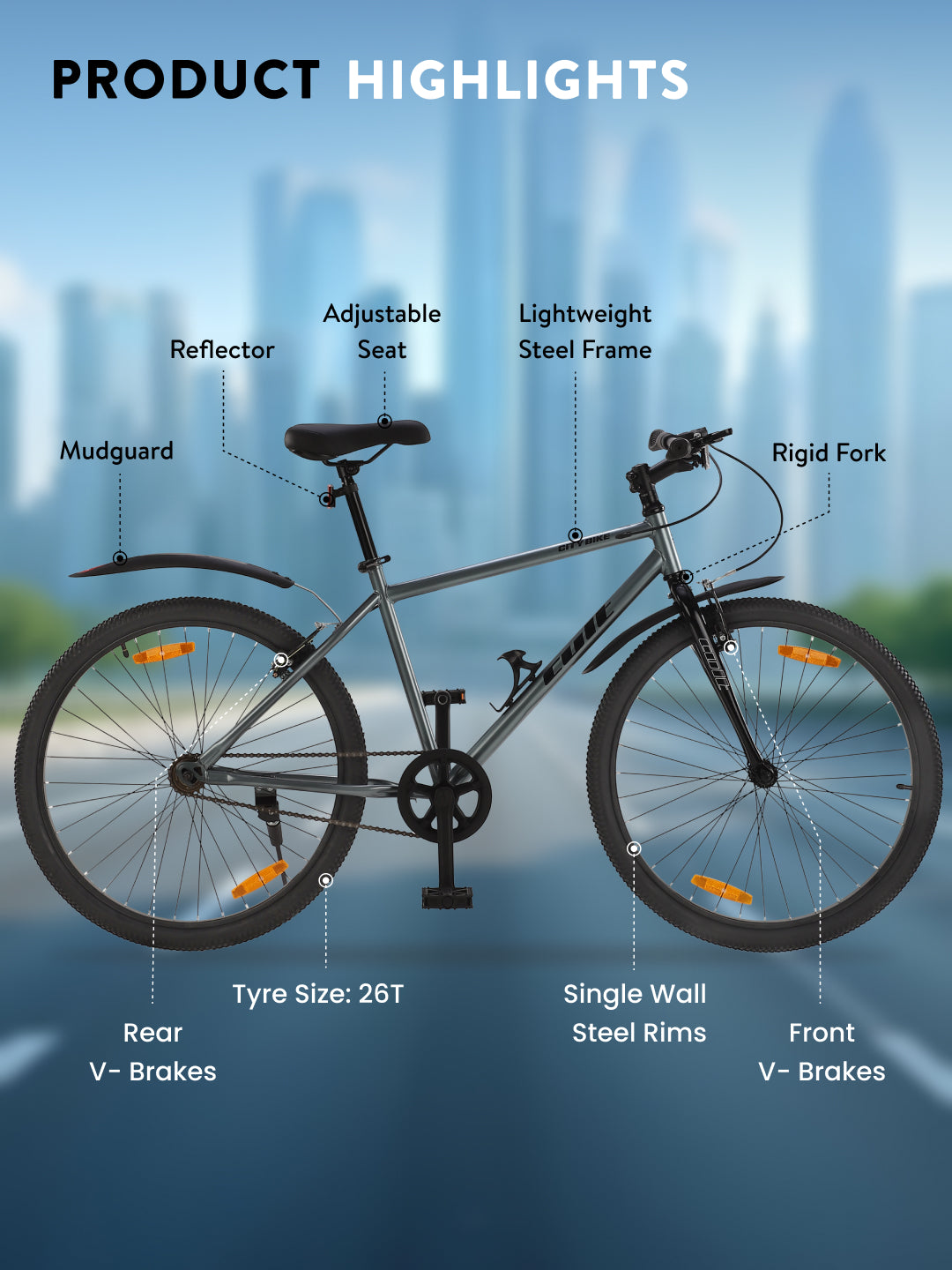 City Bike Steel Frame Single Speed Cycle 26 inch with Single Wall Rim, Rigid Fork,V Brakes,Grey