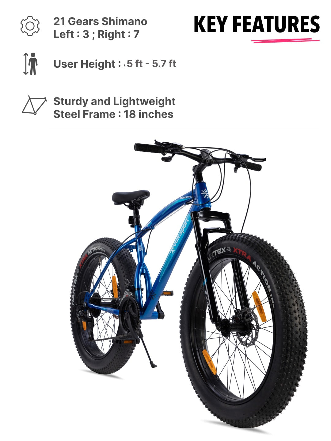 Monstro 26T Fat Bike – 21 Speed Shimano Gear, Front Suspension, Dual Disc Brake, Blue