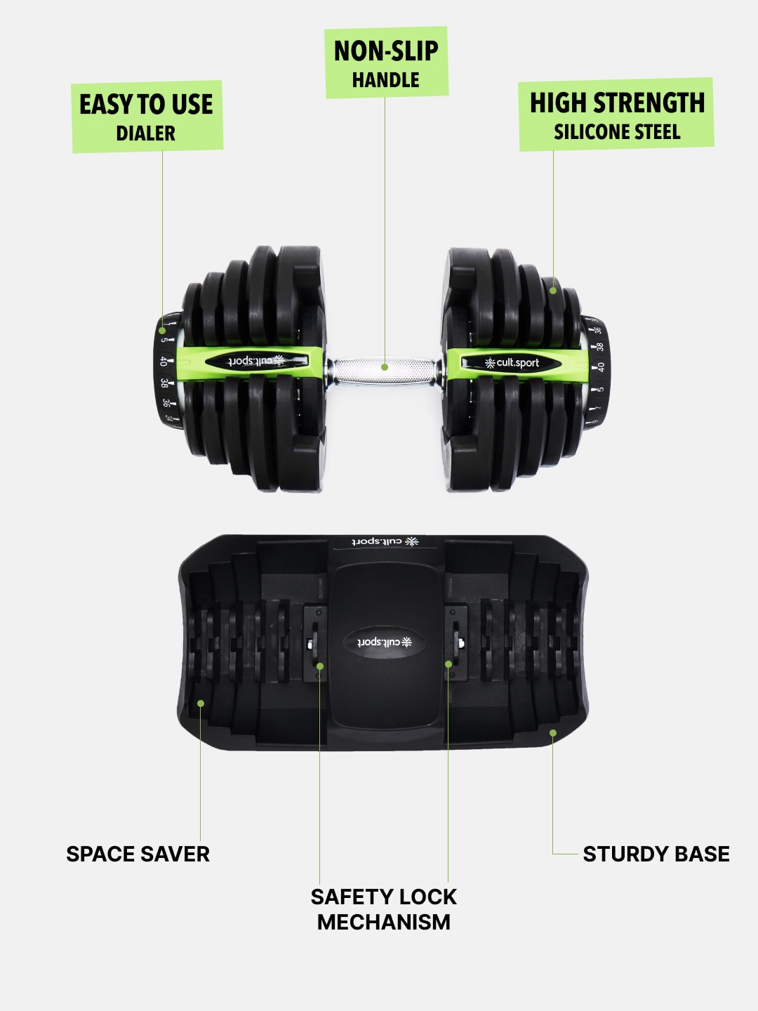 40 kg Compact Adjustable Dumbbell (5kg to 40kg), Easy Weight Change: 17-in-1 (1 piece) (6 Months extended Warranty only on Cultsport.com)