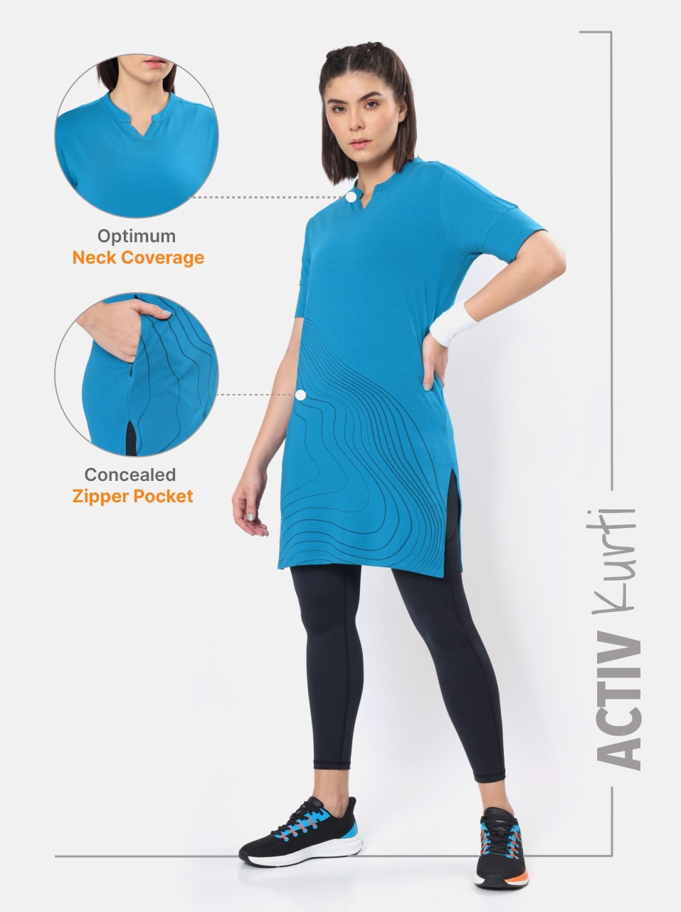 Printed Blue Activ-Kurti with Side Pocket For Women