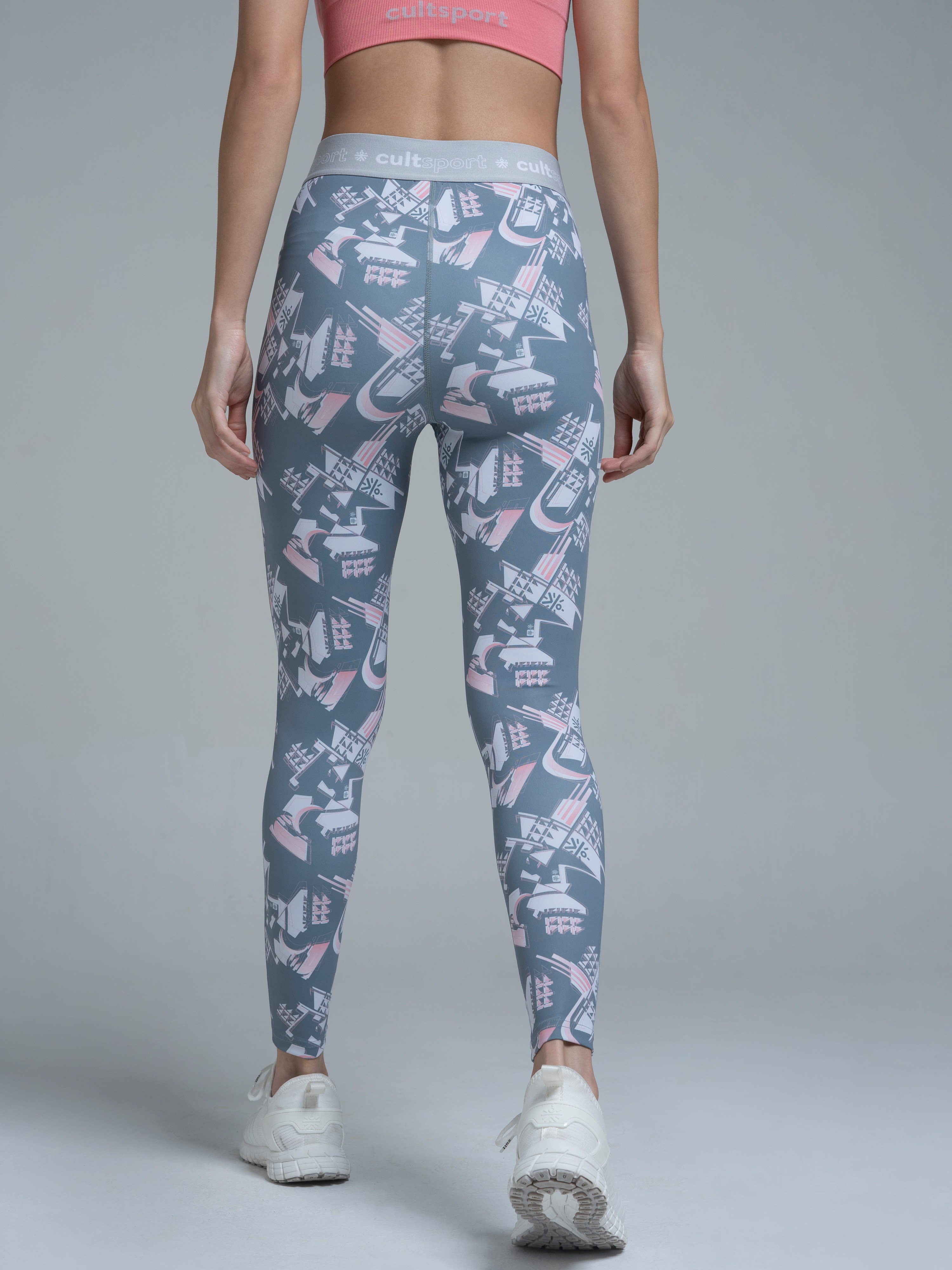 Absolute Fit Cross Waist Abstract Faded Rose Grey Print Tights