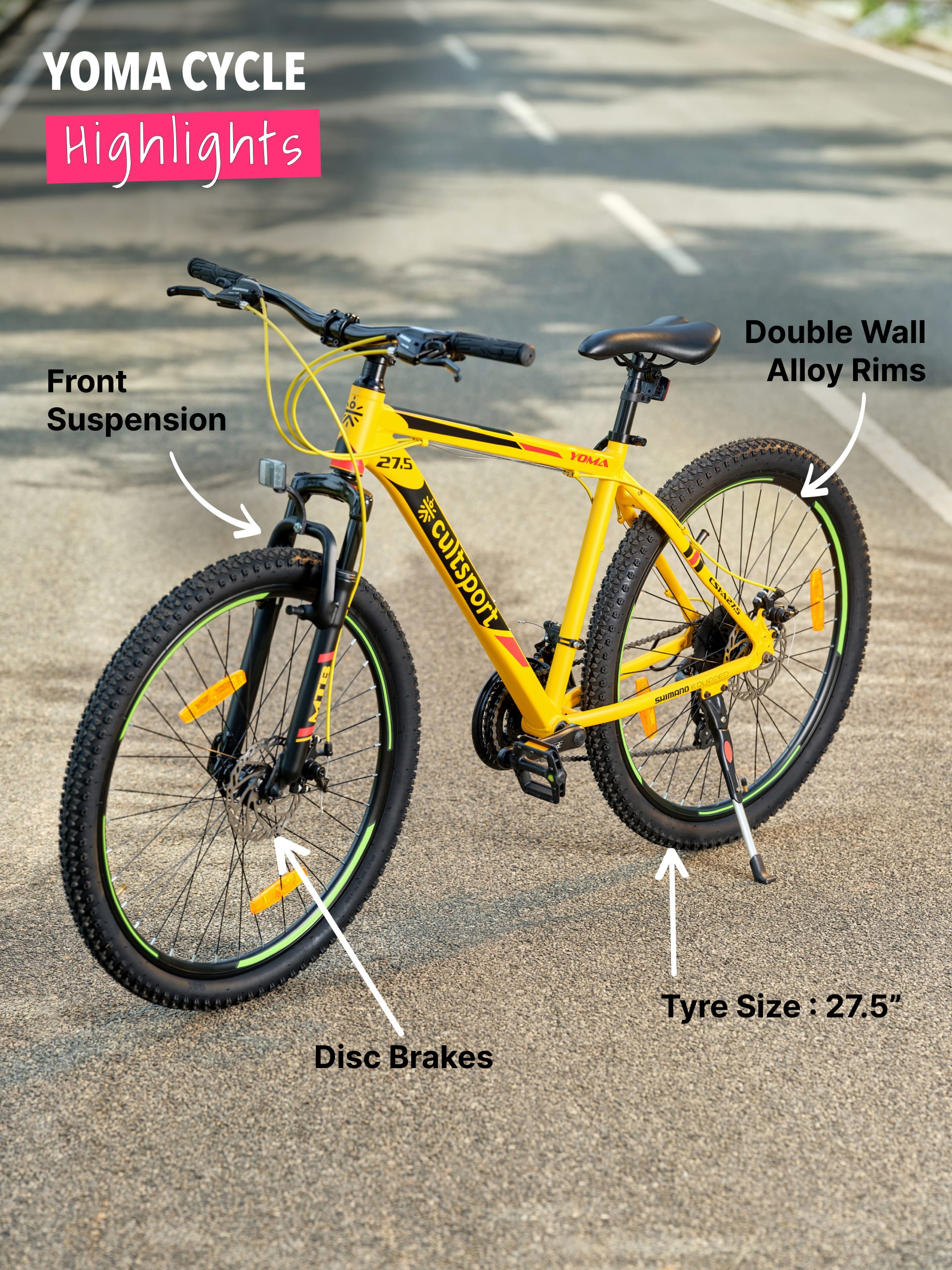 Yoma Alloy 21 Speed Shimano Gear 27.5 inch Mountain Cycle, Dual Disc Brake, Front Suspension, Double Wall Rim, Free Trainer Sessions, Cycling Event