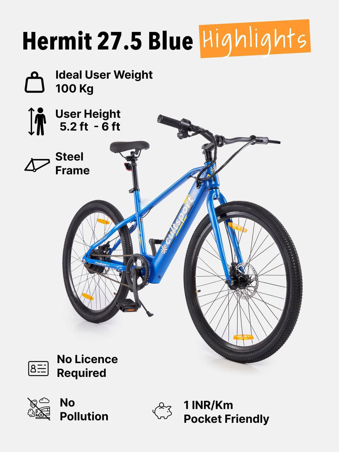 Hermit 27.5T Blue with 3.5hrs Fast Charge, Cycling Event, BLDC Motor 27.5 inches Single Speed Lithium-ion (Li-ion) Electric Cycle, Ideal for Unisex, 15+ Years