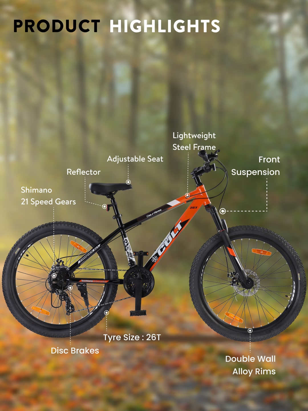 DAUNTLESS21S26TORANGEBLACK Steel 21 Speed Shimano Gear 26 inch Mountain Cycle, Dual Disc Brake, Front Suspension, Double Wall Rim