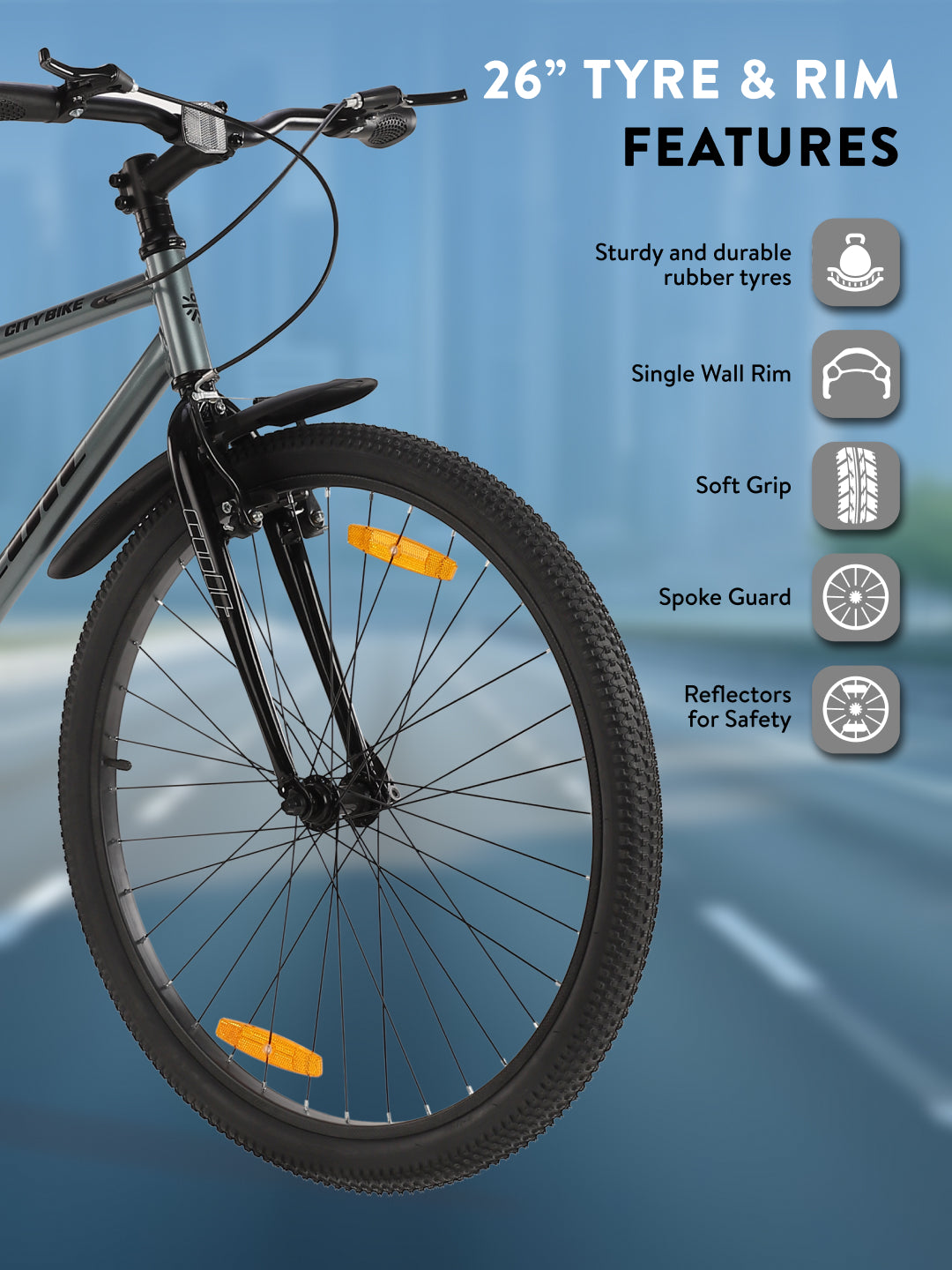 City Bike Steel Frame Single Speed Cycle 26 inch with Single Wall Rim, Rigid Fork,V Brakes,Grey