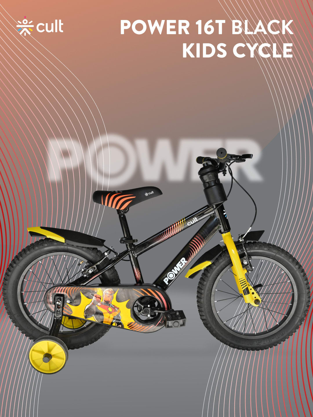 Power 16T Black Steel Kids Bike with Single Wall Rim, Rigid Fork and Free Trainer Sessions and Cycling Event