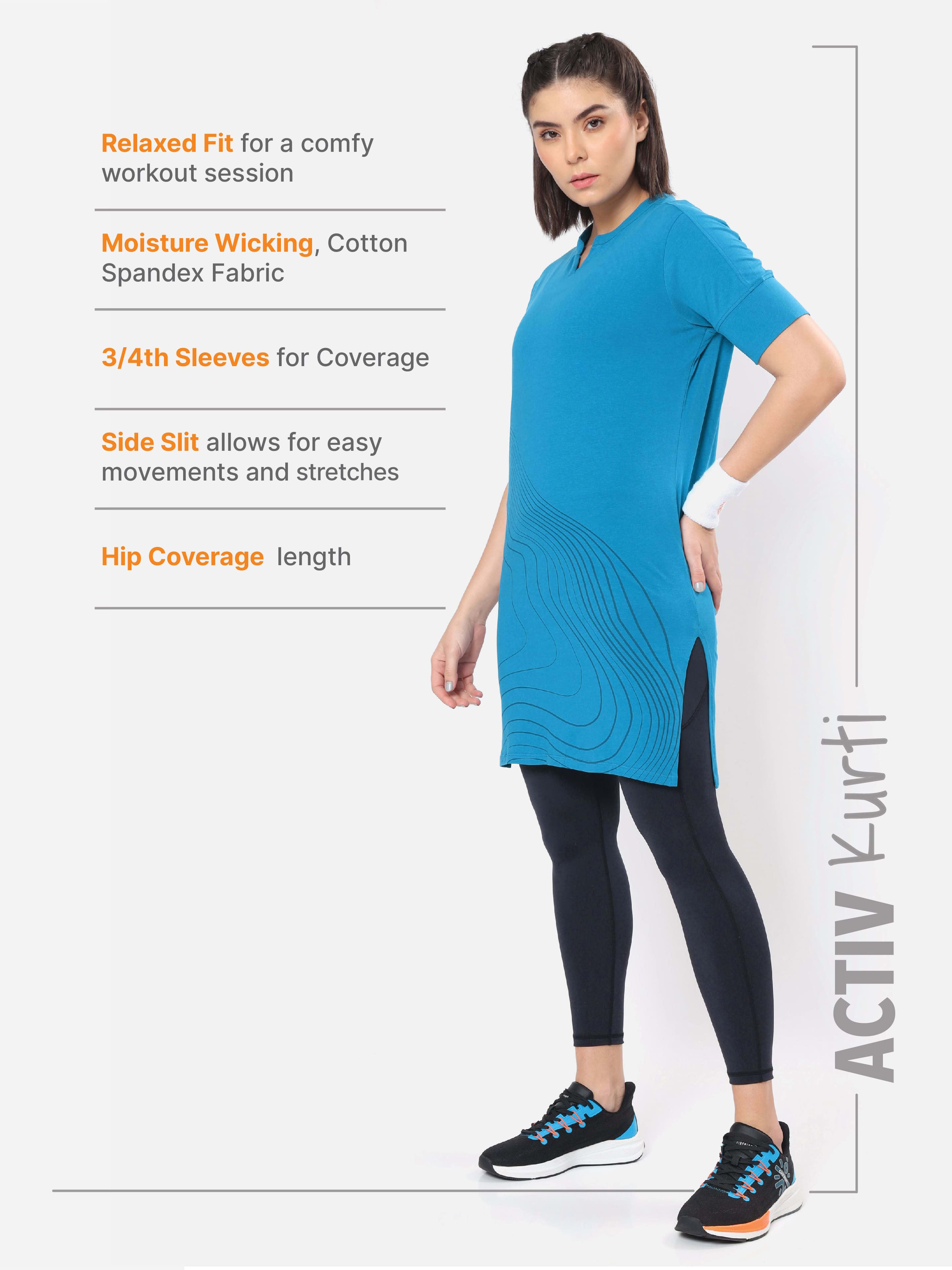 Printed Blue Activ-Kurti with Side Pocket For Women
