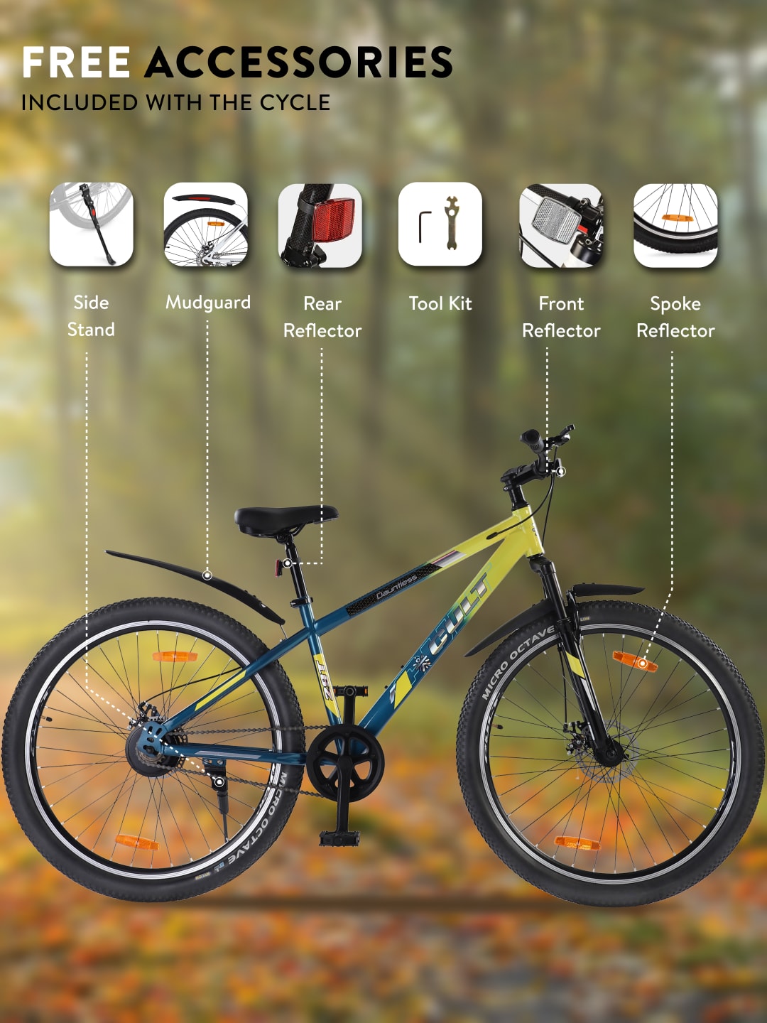 DAUNTLESS29TYELLOWBLUE Steel Single Speed 29 inch Mountain Cycle, Dual Disc Brake, Front Suspension, Double Wall Rim