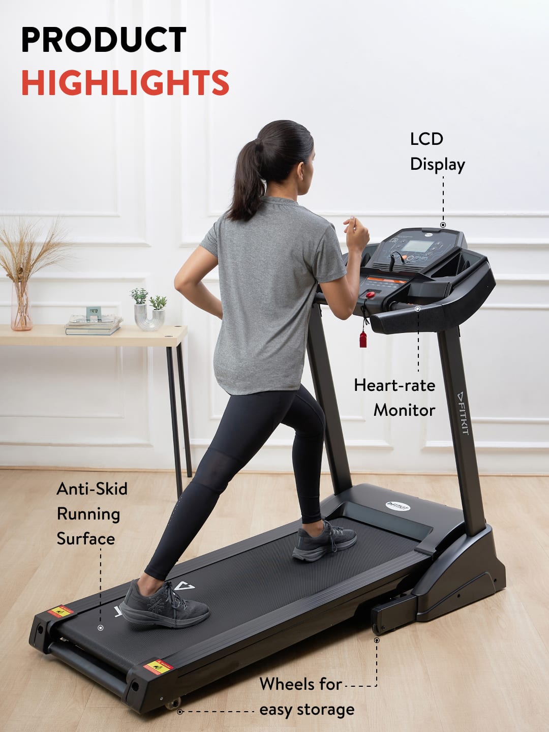 FITKIT10K2.5HP Treadmill 4HP Powerful Brushless Motor | 2-Level Manual-Incline | Max Weight-120kg | Max Speed-14kmph (with 6 Months extended warranty)