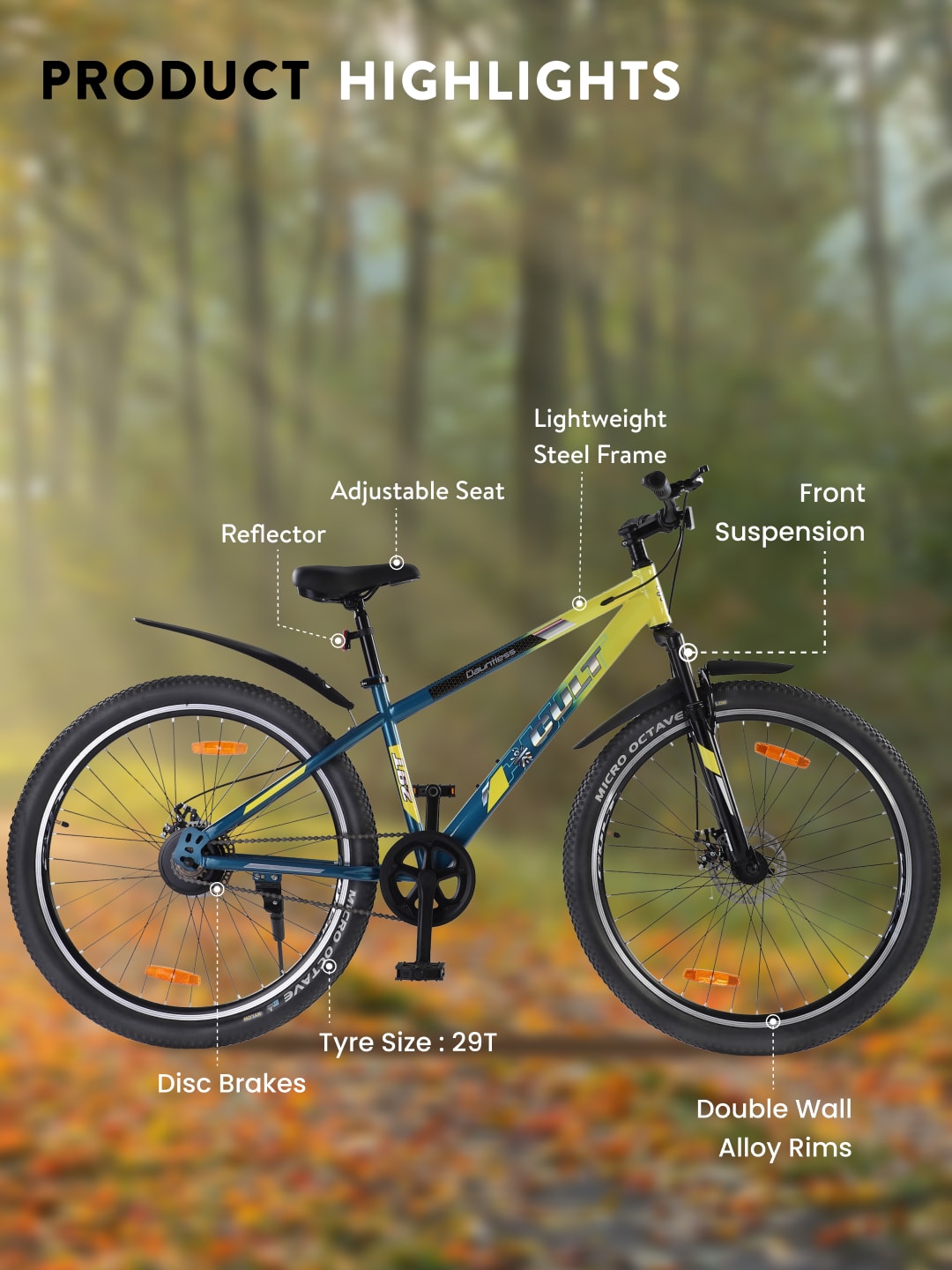DAUNTLESS29TYELLOWBLUE Steel Single Speed 29 inch Mountain Cycle, Dual Disc Brake, Front Suspension, Double Wall Rim