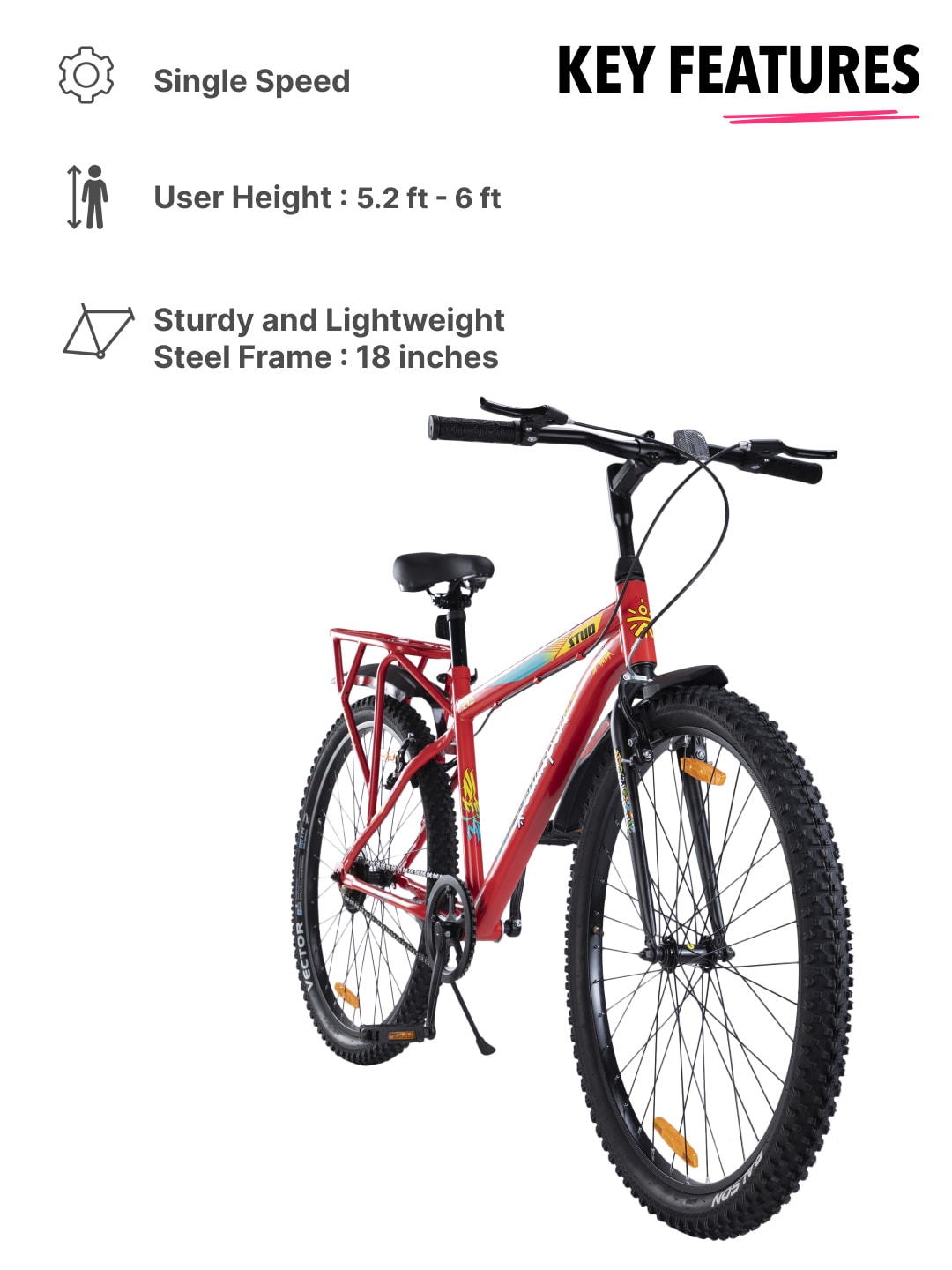 StudIBC27.5RED Steel Single Speed 27.5 inch Mountain Cycle with Single Wall Rim and Rigid Fork
