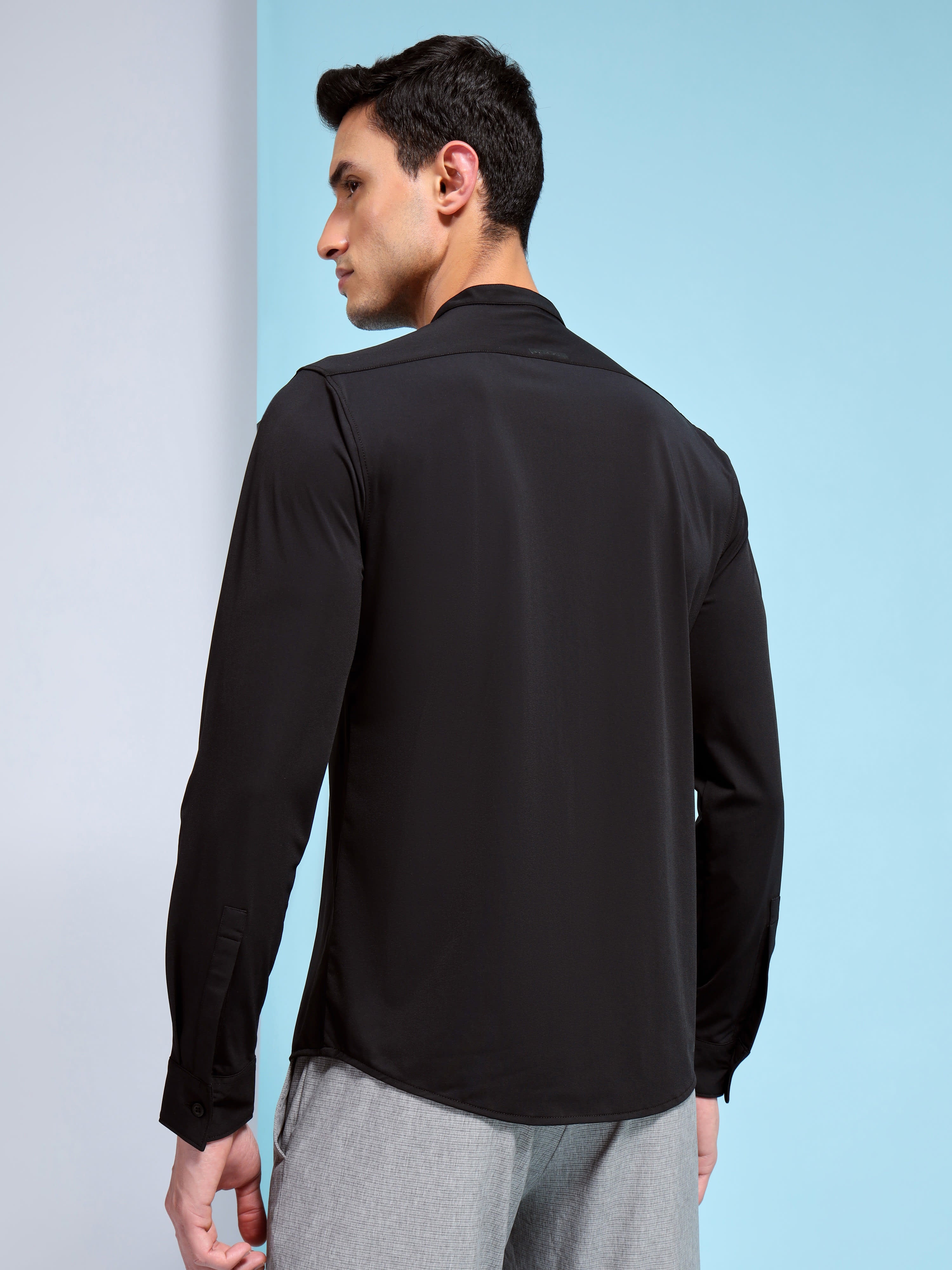 Slim Fit Band Collar Solid Shirt