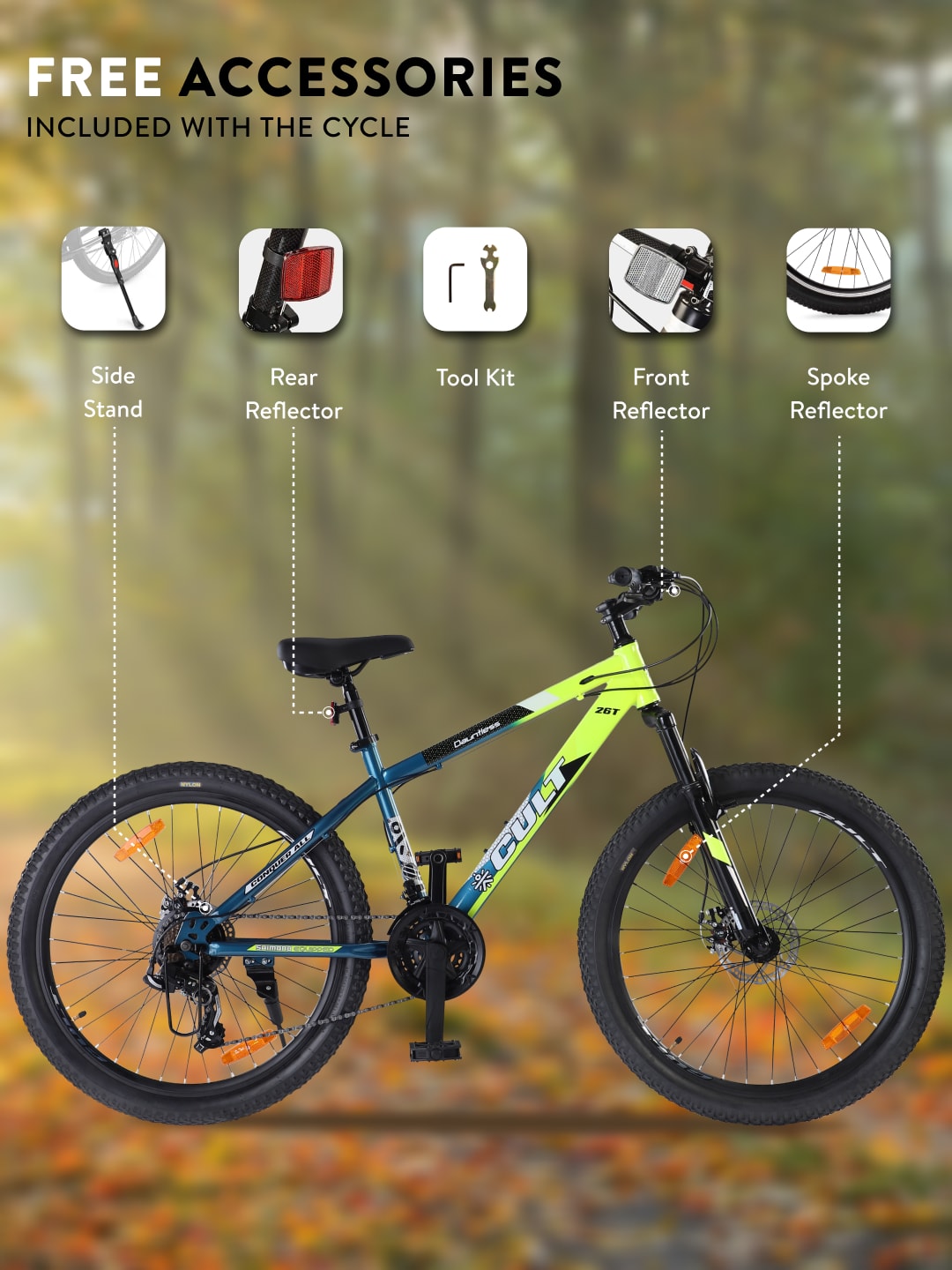 DAUNTLESS21S26TGREENBLUE Steel 21 Speed Shimano Gear 26 inch Mountain Cycle, Dual Disc Brake, Front Suspension, Double Wall Rim