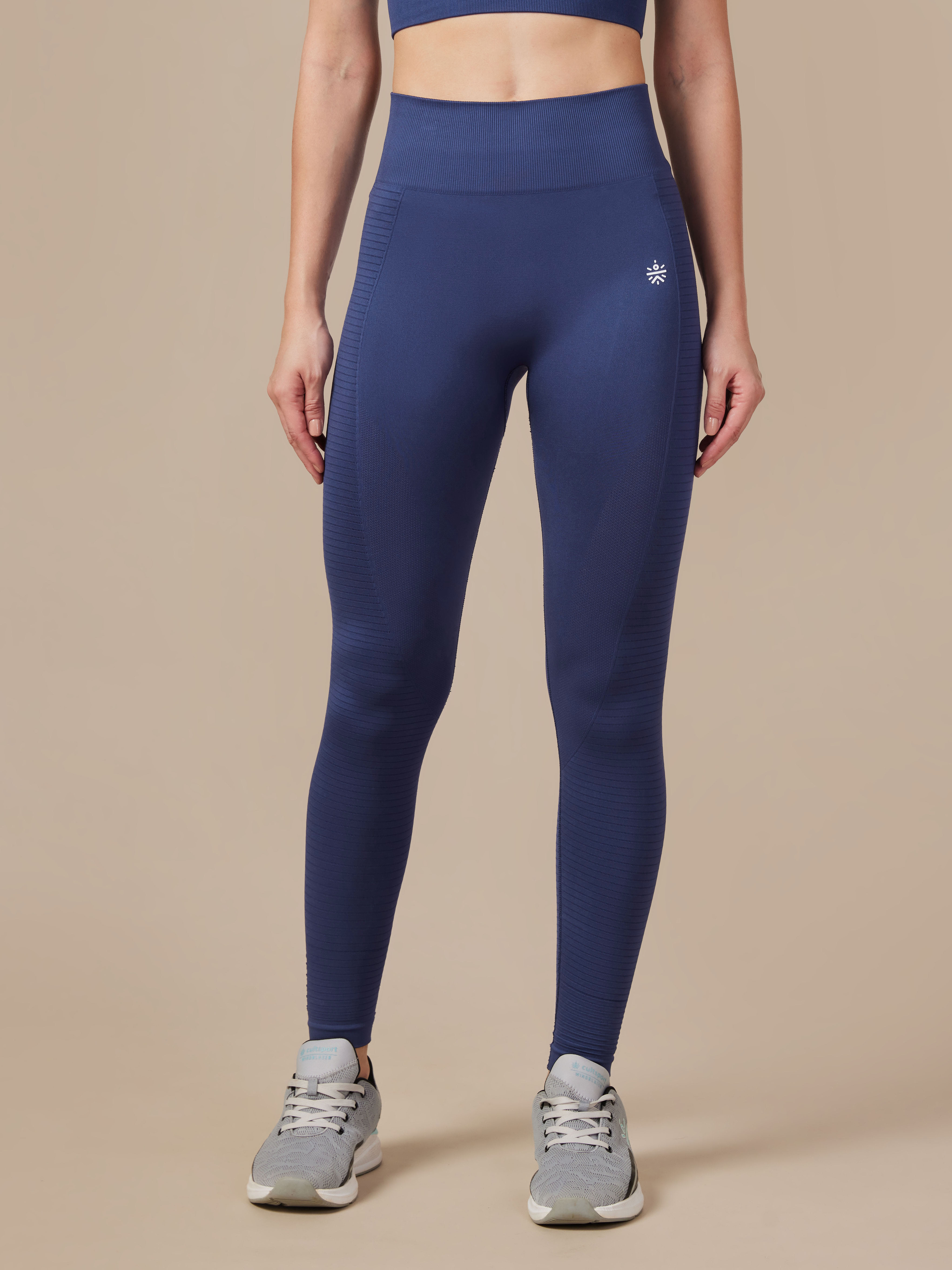 Women's Seamless Body Snug Jacquard Structured Blue Sports Tights