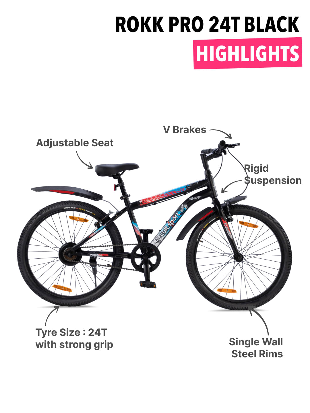 ROKKPRO24TBLACK Steel Single Speed 24 inch Mountain Cycle with Single Wall Rim and Rigid Fork