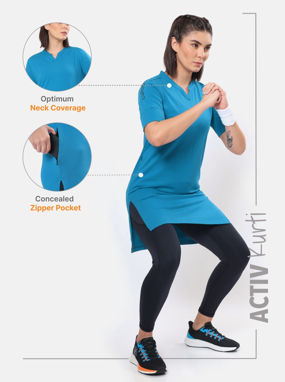 Women Solid Blue Activ-Kurti with Side Pocket