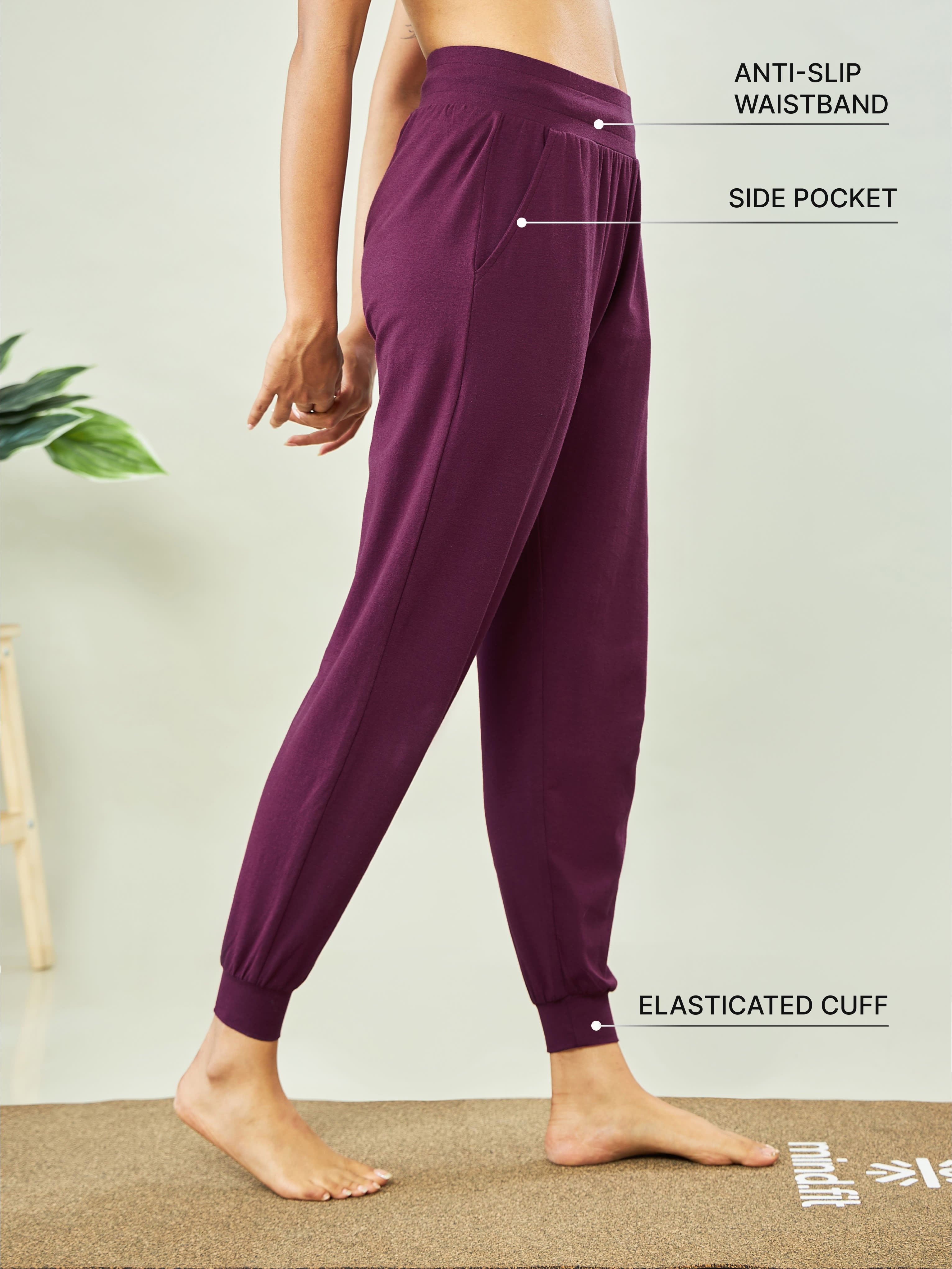 Women Wine Solid Active Joggers with Pockets