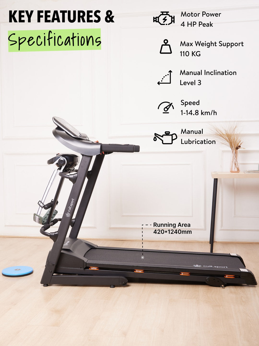 Smartrun Cairo 4 HP Peak Treadmill | 3-level Manual-Incline & Massager | Max Weight-110kg | Max Speed-14.8kmph (with 6 months extended warranty)