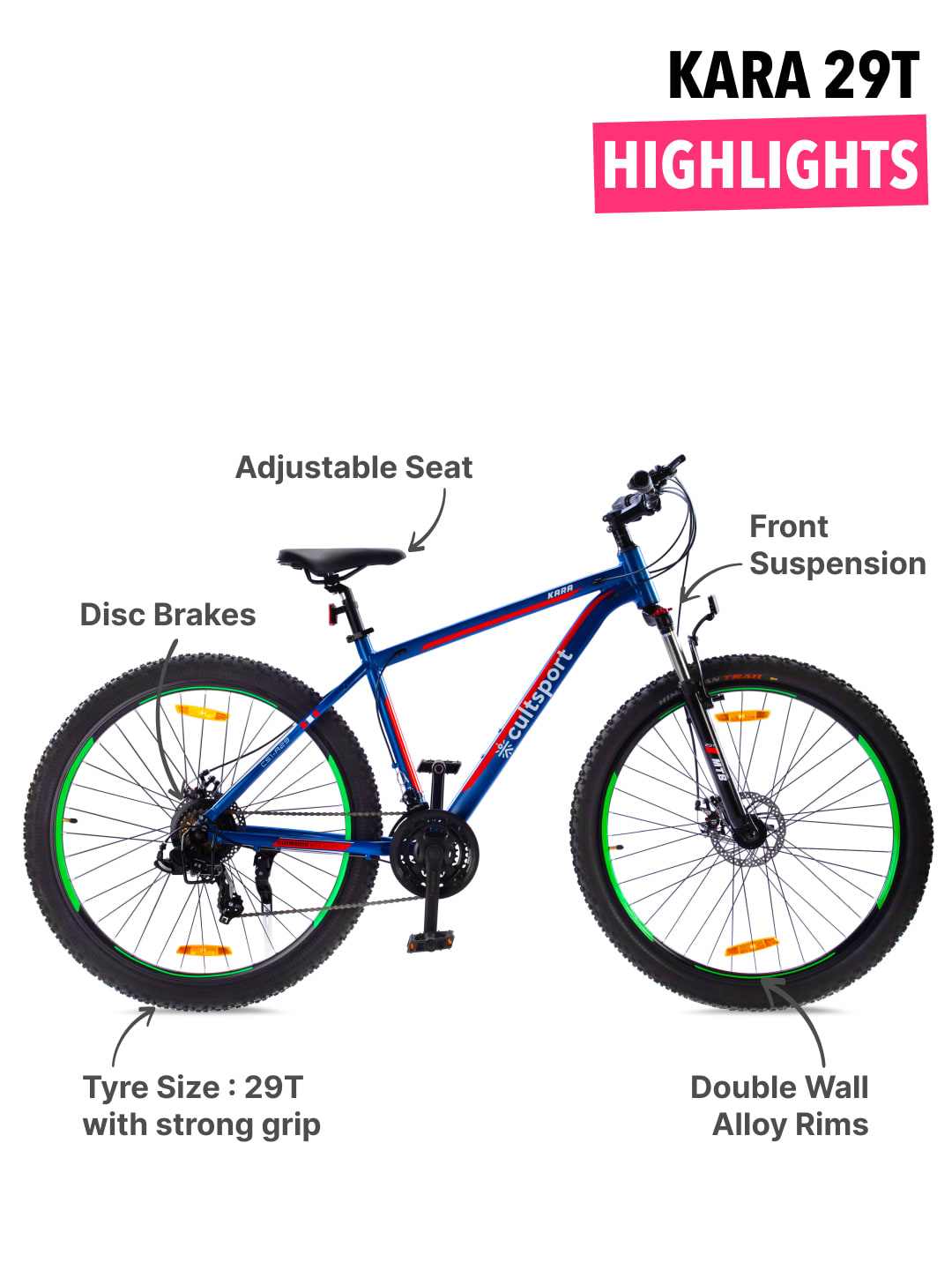 KARA29TBLUE Alloy 21 Speed Shimano Gear 29 inch Mountain Cycle with Dual Disc Brake and Front Suspension