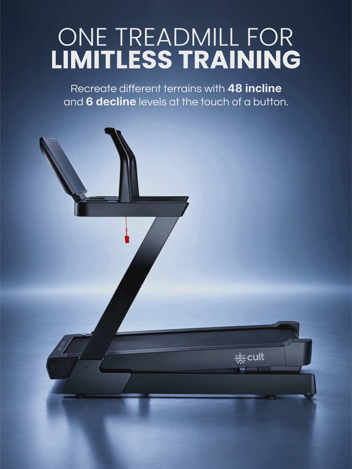 Cult Optima Motorized Treadmill | 48 Levels Incline & 6 Level Decline| Max Speed - 22 km/hr | Max Weight - 150kgs | Shock Absorption for Knee Protection | LED Touchscreen | Wireless Charging | Black
