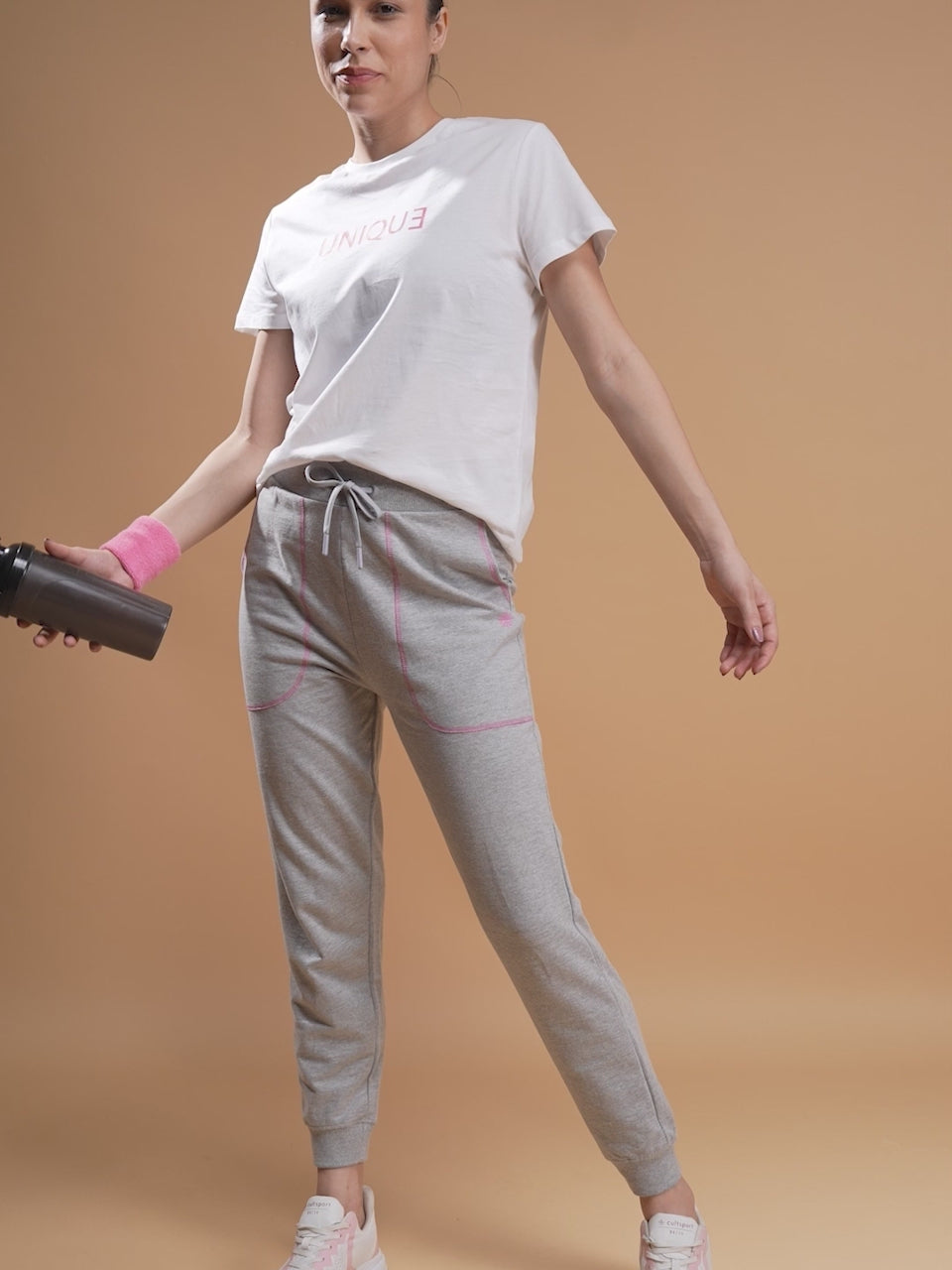 Women Grey Pop-up Thread Leisure Joggers