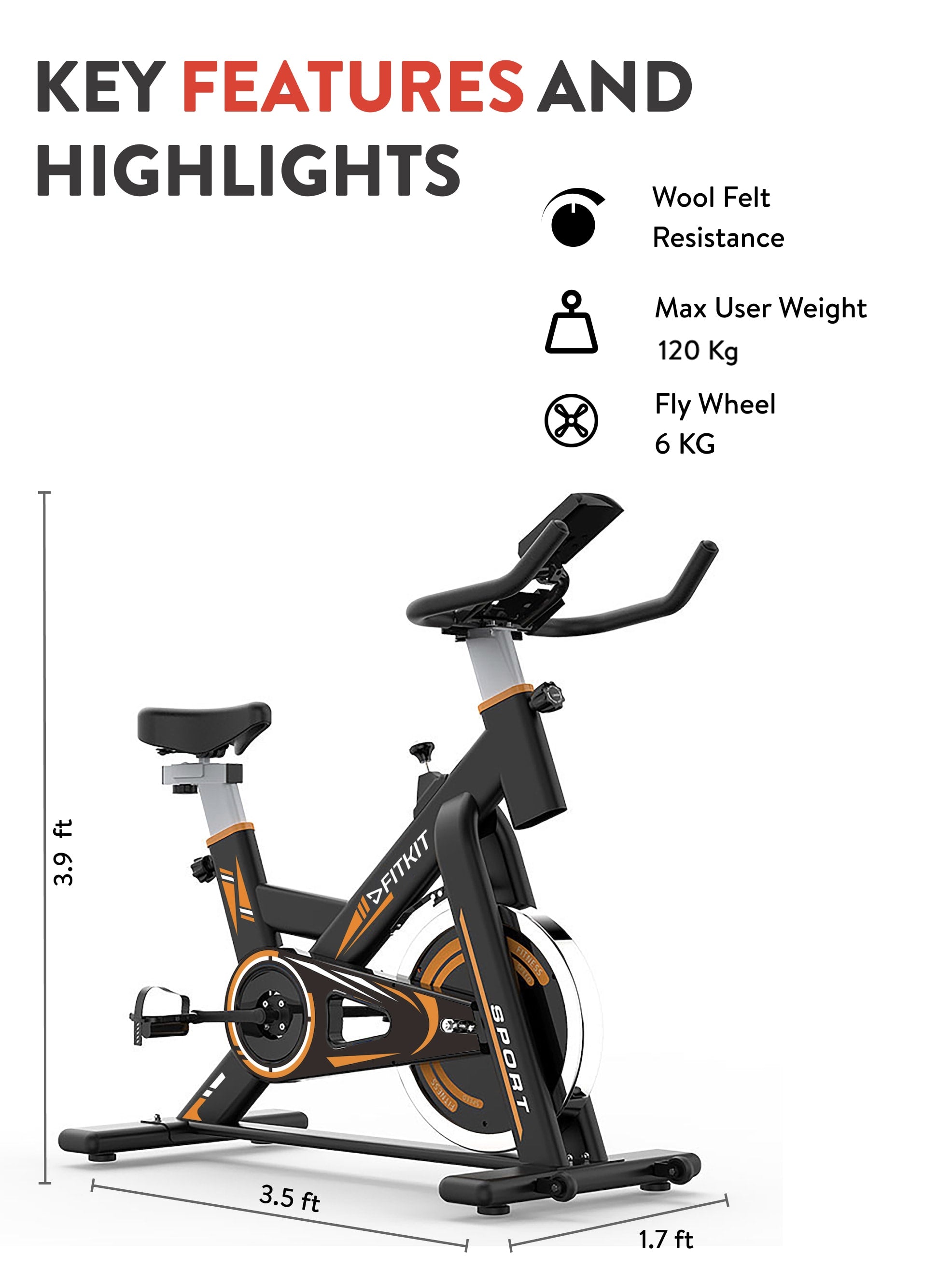 FK2000 Spin Bike Flywheel- 6kg, Max weight- 120 kg, Resistance Mechanism - Friction, Orange (with 6 months extended warranty)
