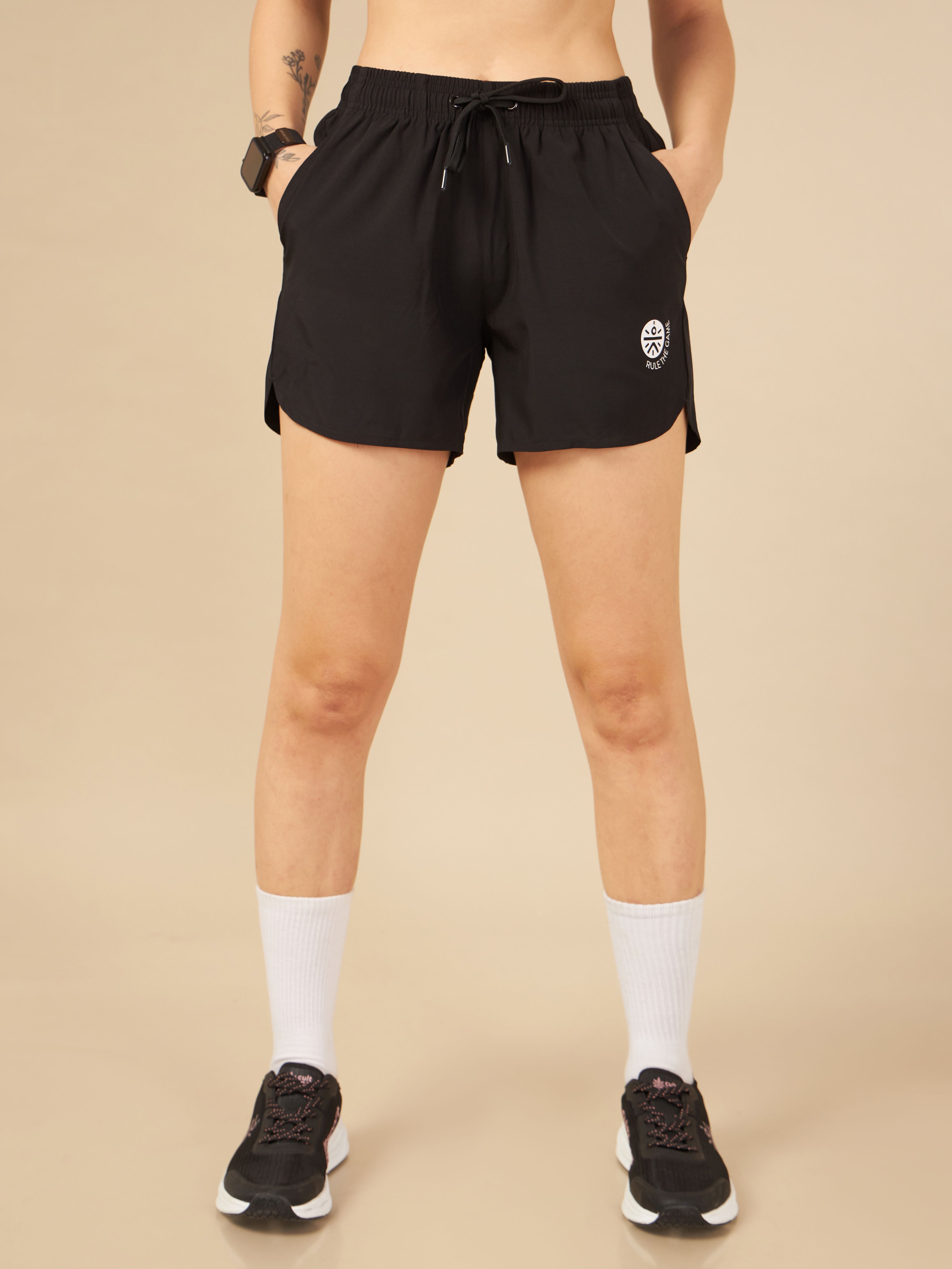 Women's Black Solid Workout Shorts with Curved Hem