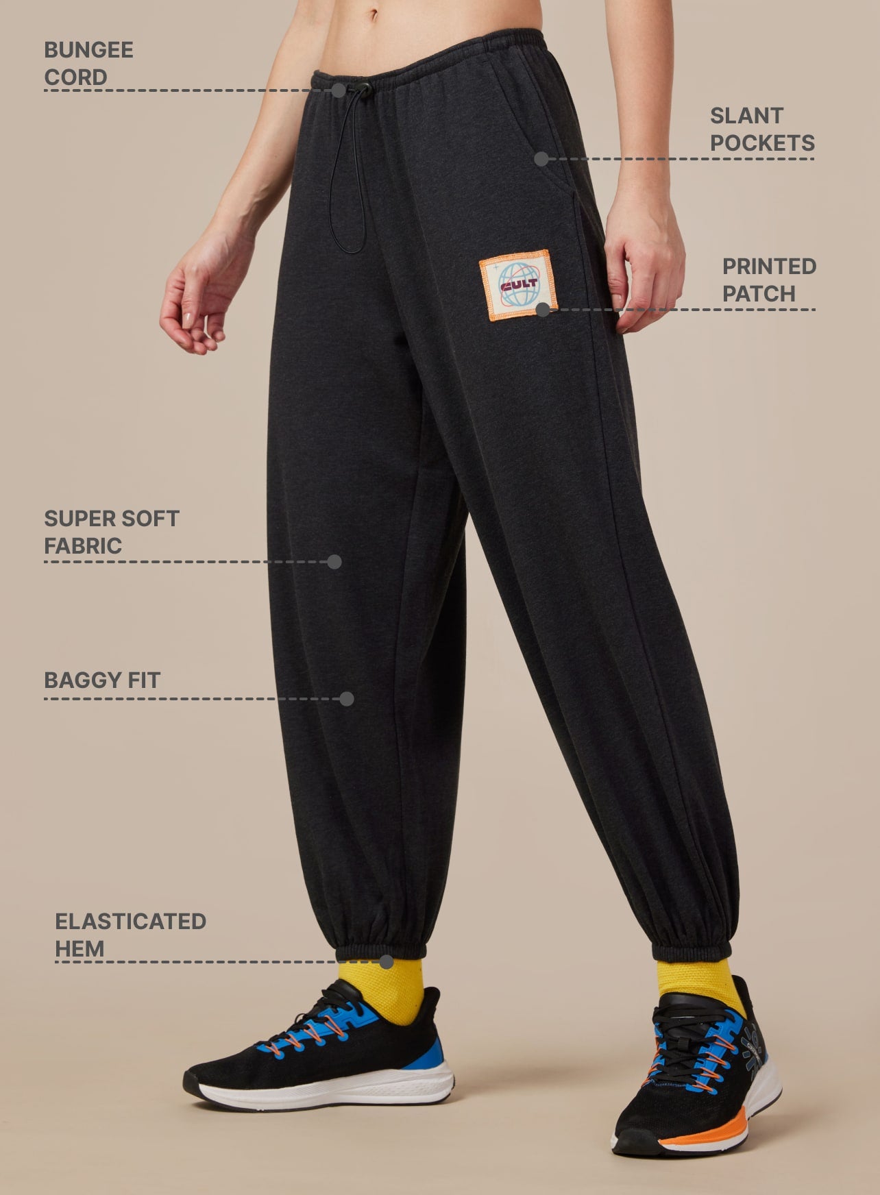 Women's Black Cult Printed Patch Baggy Joggers