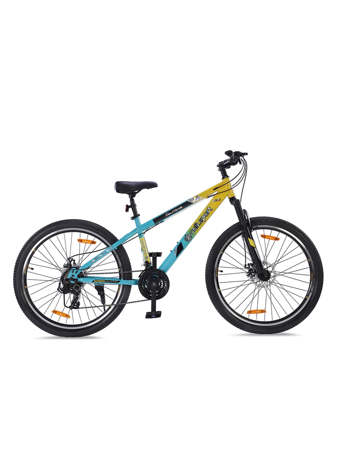 DAUNTLESS21S27.5TYELLOWBLUE Steel 21 Speed Shimano Gear 27.5 inch Mountain Cycle, Dual Disc Brake, Front Suspension and Double Wall Rim