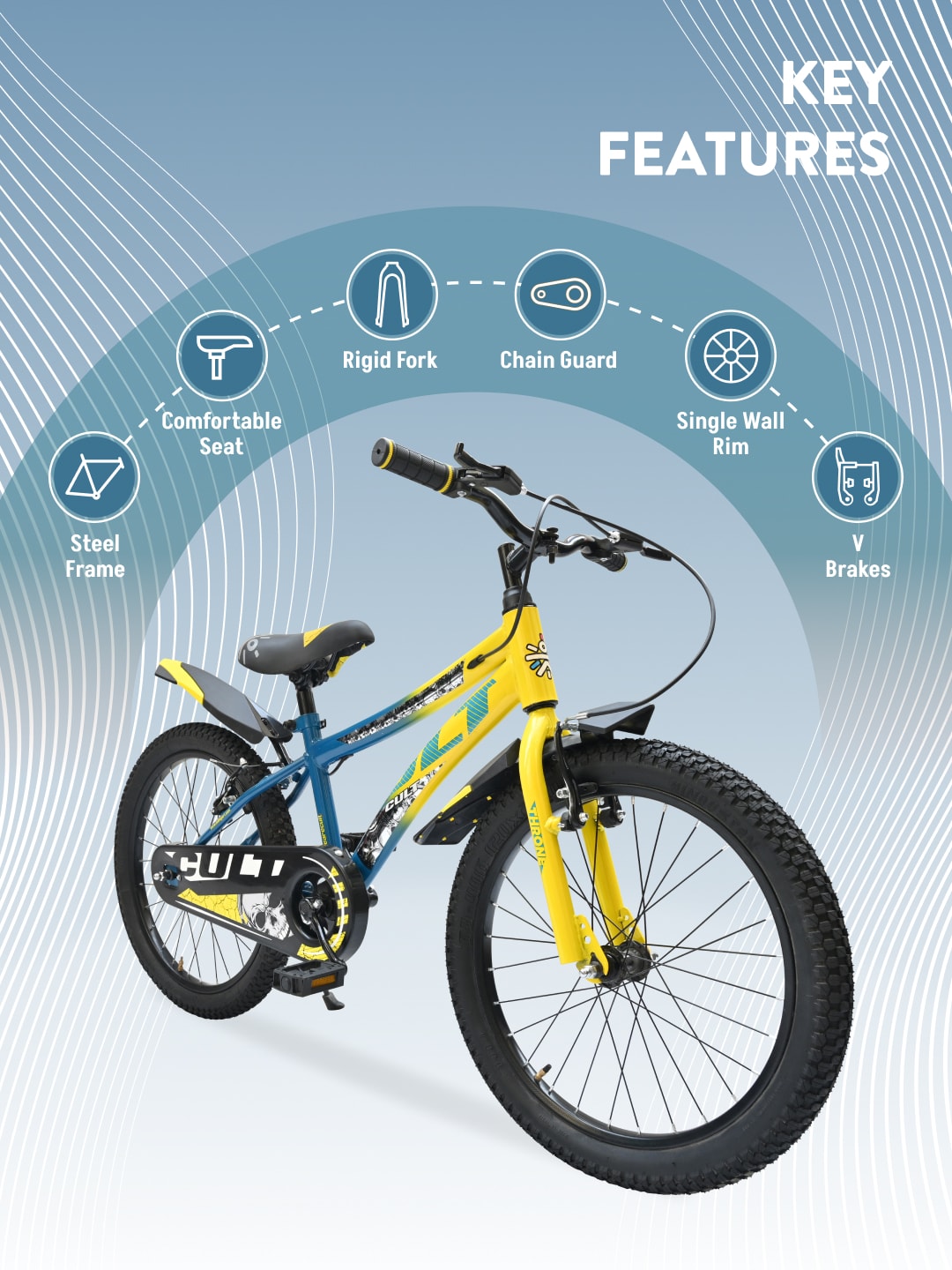 Throne 20T Steel Kids Bike with Rigid Fork, Single Wall Rim, V brakes and Chain Guard Yellow Blue