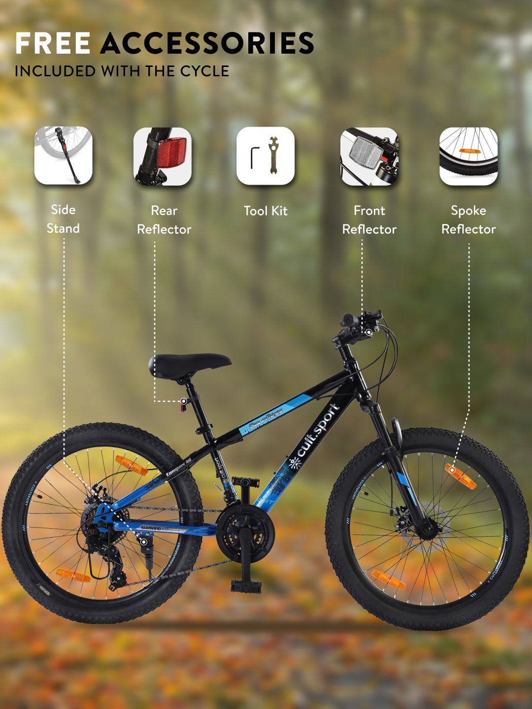 Dauntless 24T Steel Mountain Bike – 21 Speed Shimano Gear, Dual Disc Brake, Front Suspension (Black/Blue)