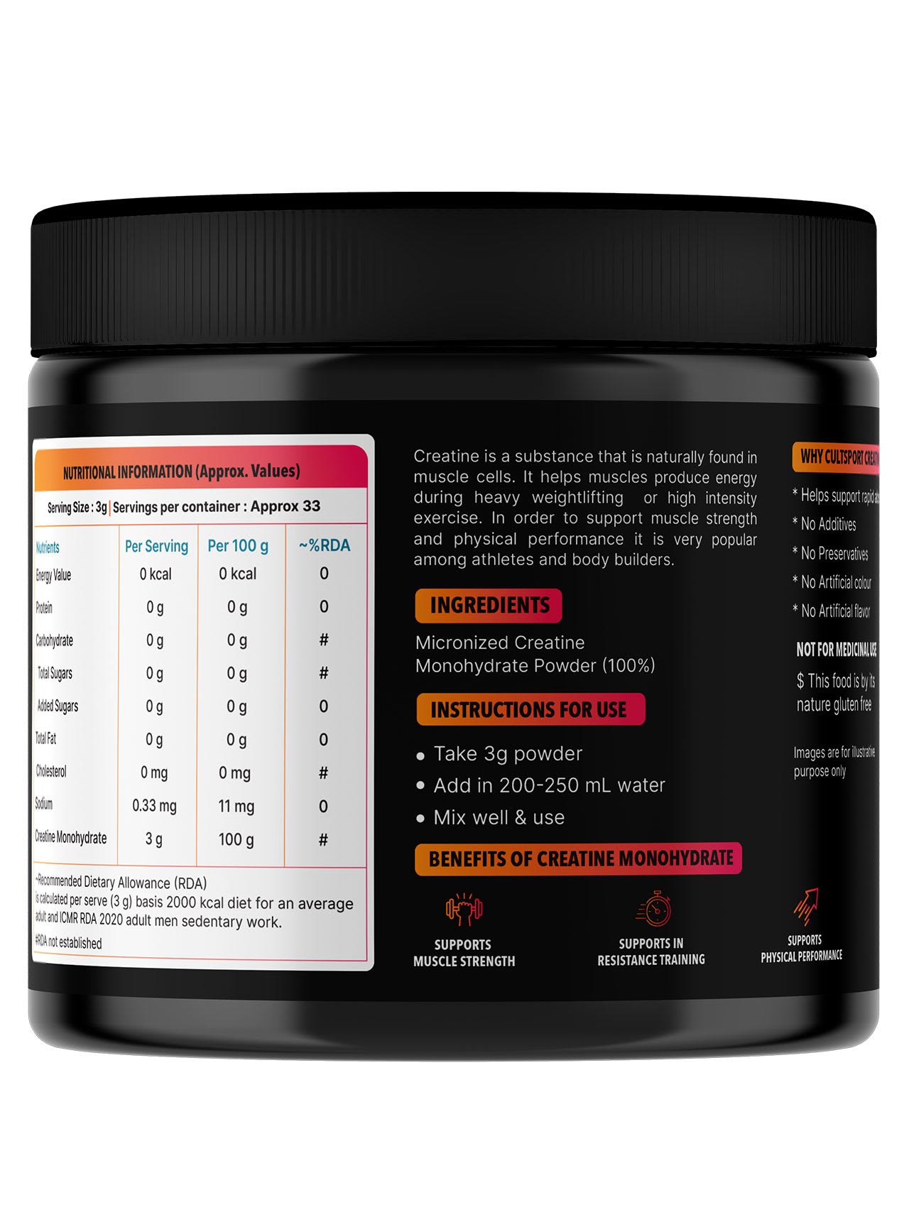 Cultsport Creatine Monohydrate  100 g | Micronised | 100% Vegetarian | Unflavoured |  Dairy-Free | Gluten-Free