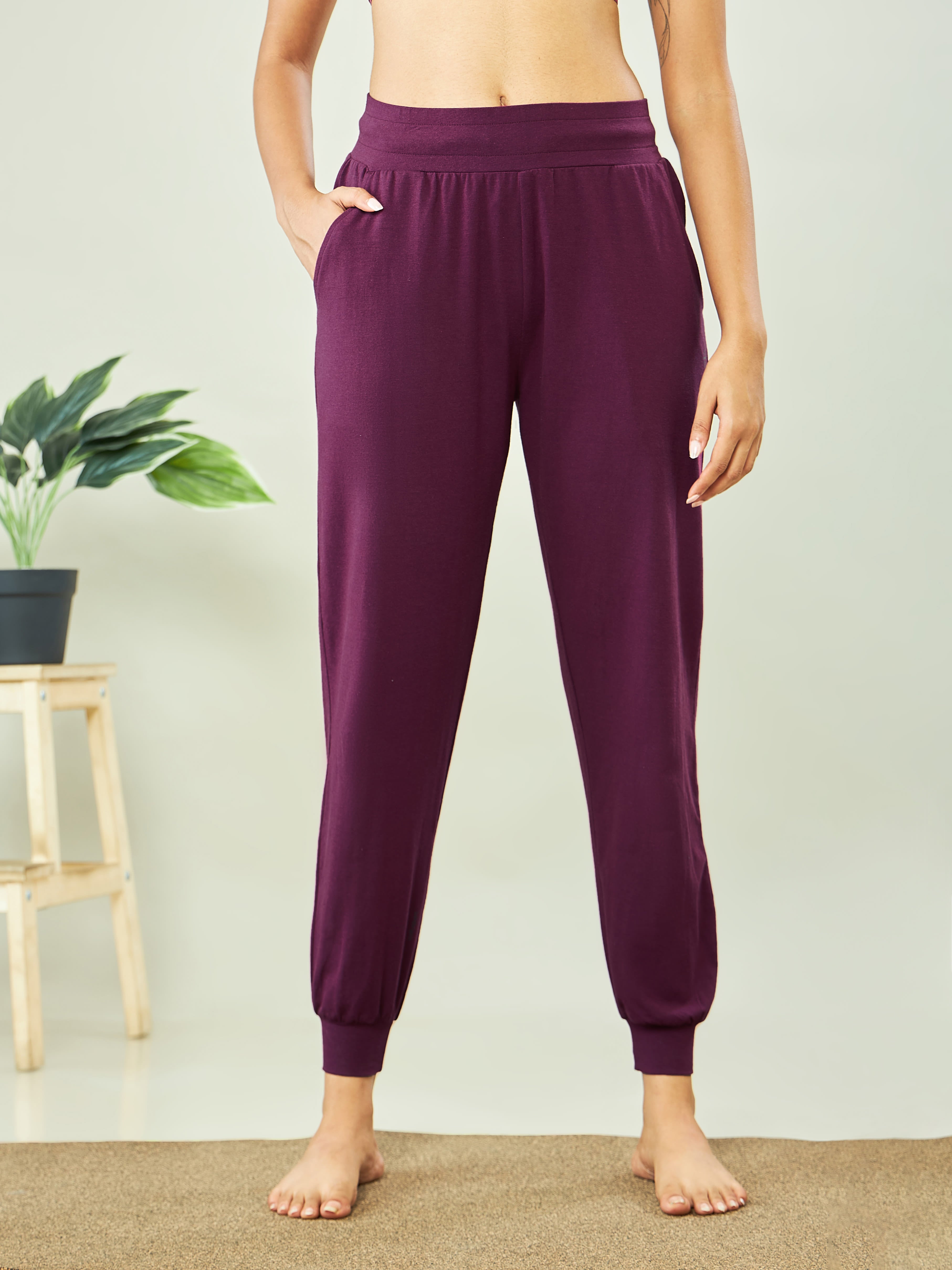 Women Wine Solid Active Joggers with Pockets