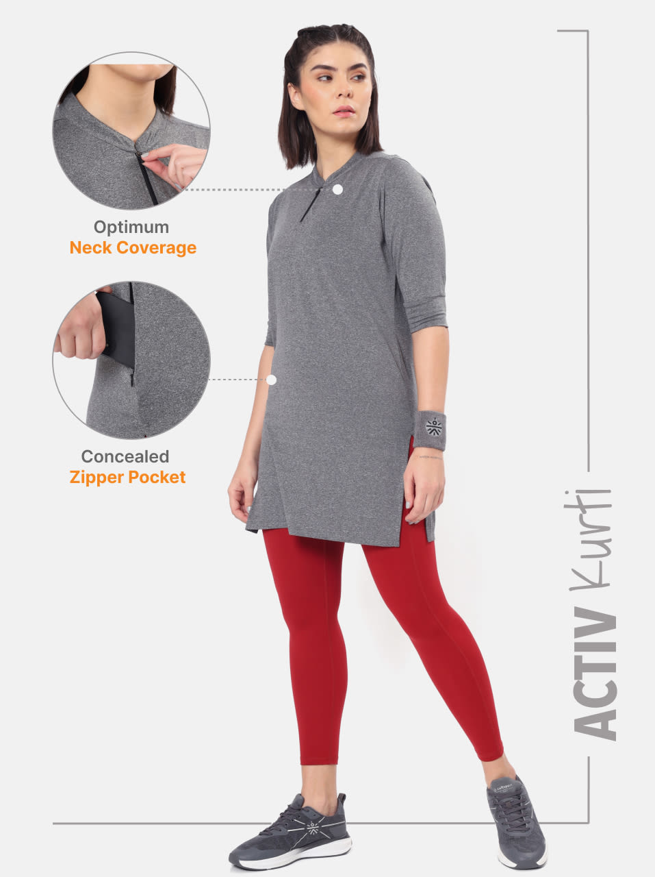 Solid Activ-Kurti with Side Pocket For Women - Grey