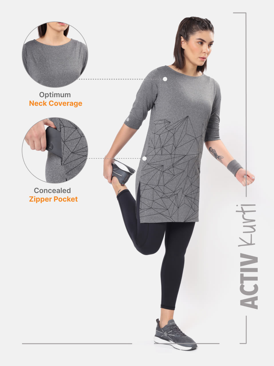 Printed Dark Grey Activ-Kurti with Side Pocket For Women