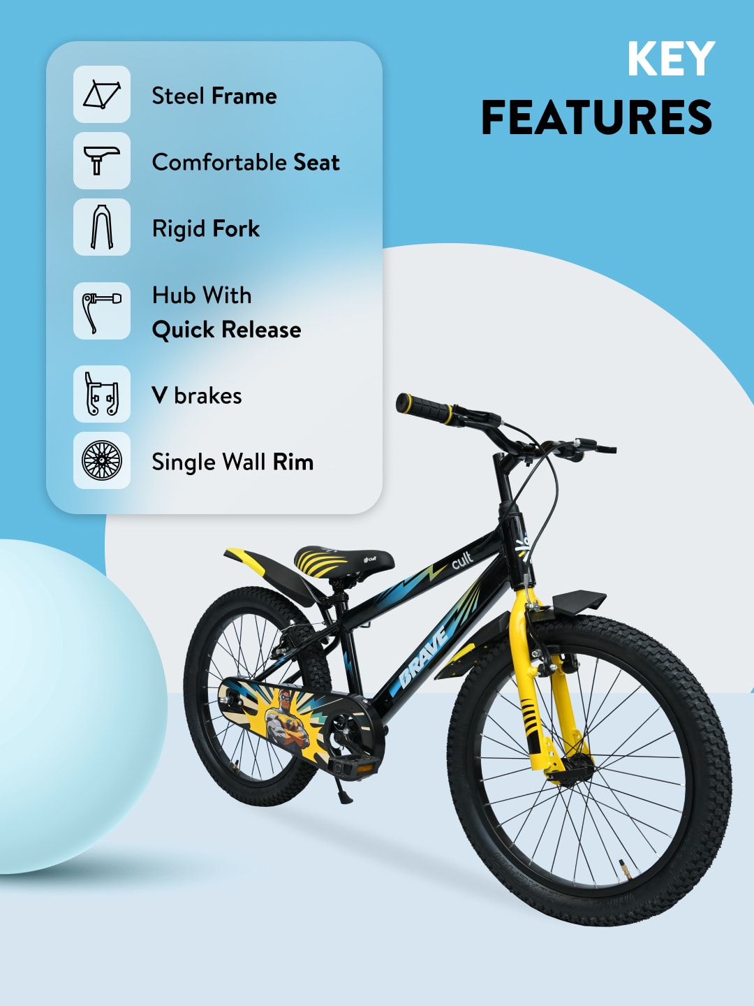 Brave 20T Black Steel Kids Bike with Single Wall Rim, Rigid Fork and Free Trainer Sessions and Cycling Event