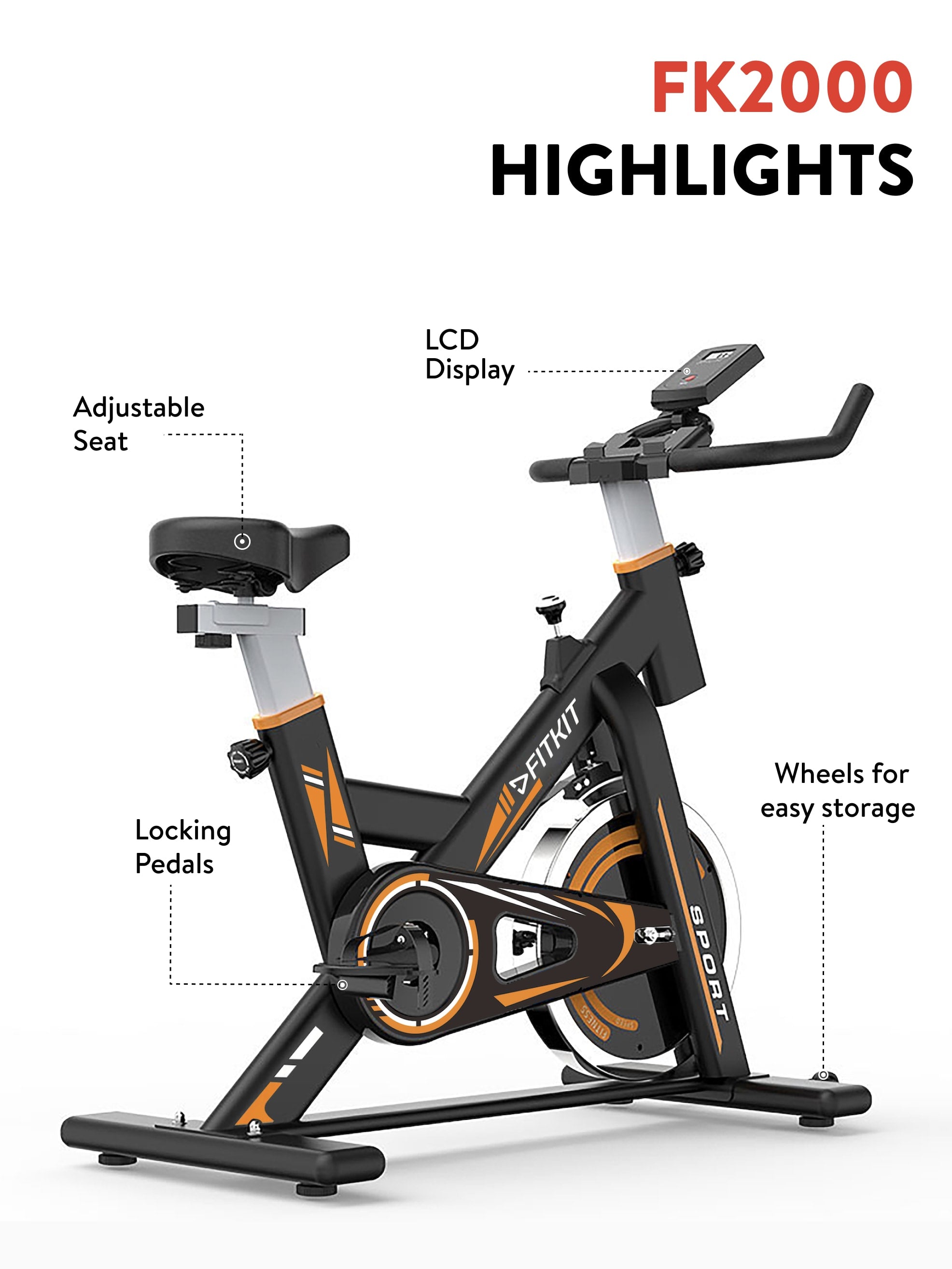 FK2000 Spin Bike Flywheel- 6kg, Max weight- 120 kg, Resistance Mechanism - Friction, Orange (with 6 months extended warranty)