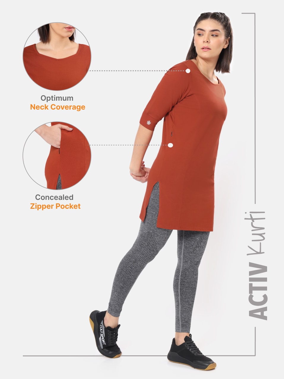 Solid Activ-Kurti with Side Pocket For Women - Rust