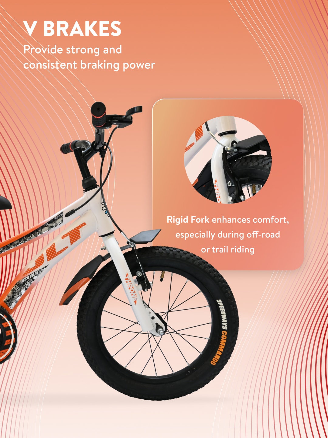 Throne 16T Steel Kids Bike with Rigid Fork, Single Wall Rim, V brakes, Chain Guard and Training Wheel, Orange White